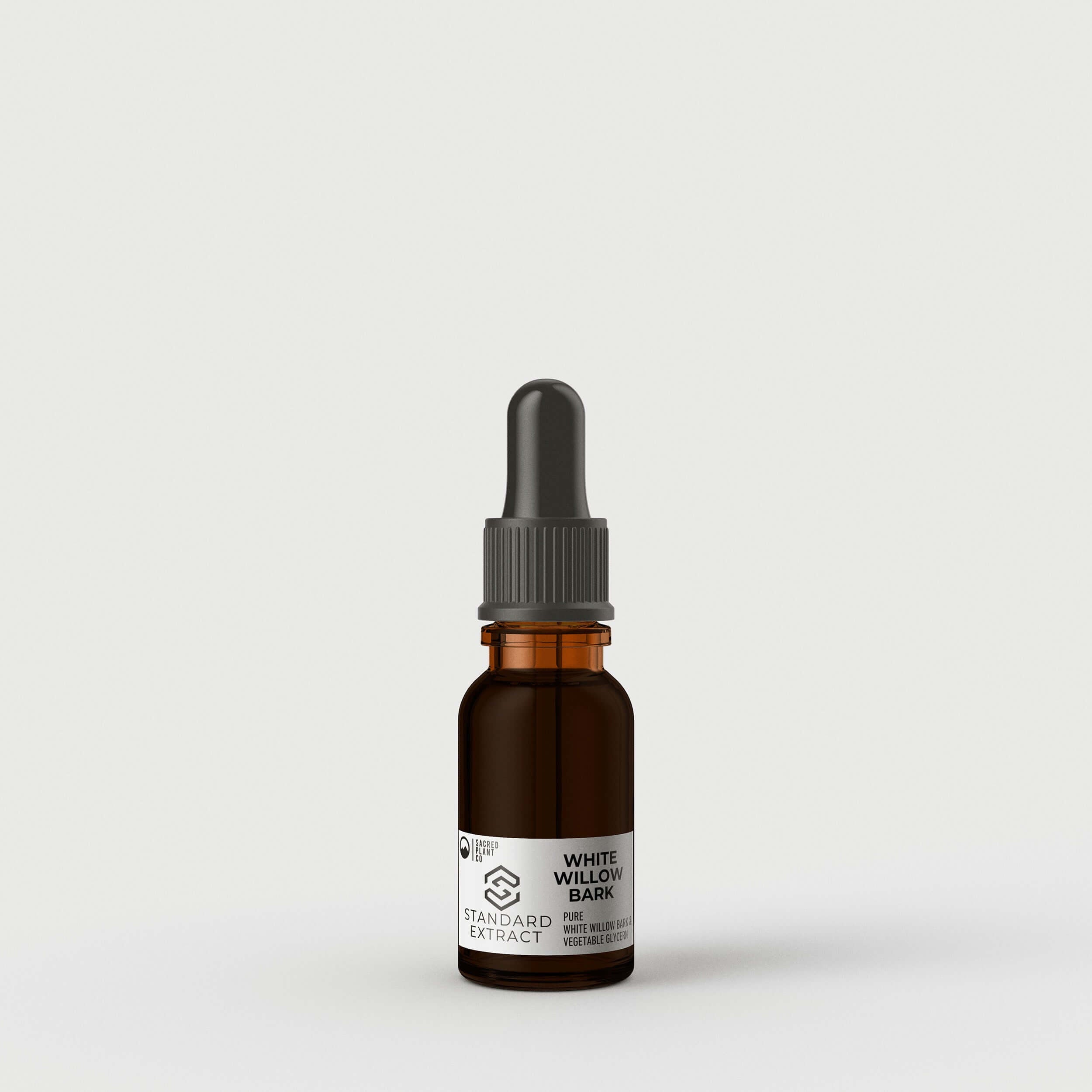 Sacred Plant Co Standard White Willow Bark Tincture Half Ounce, high quality for pain relief and anti-inflammatory use, in amber glass with sustainable packaging.