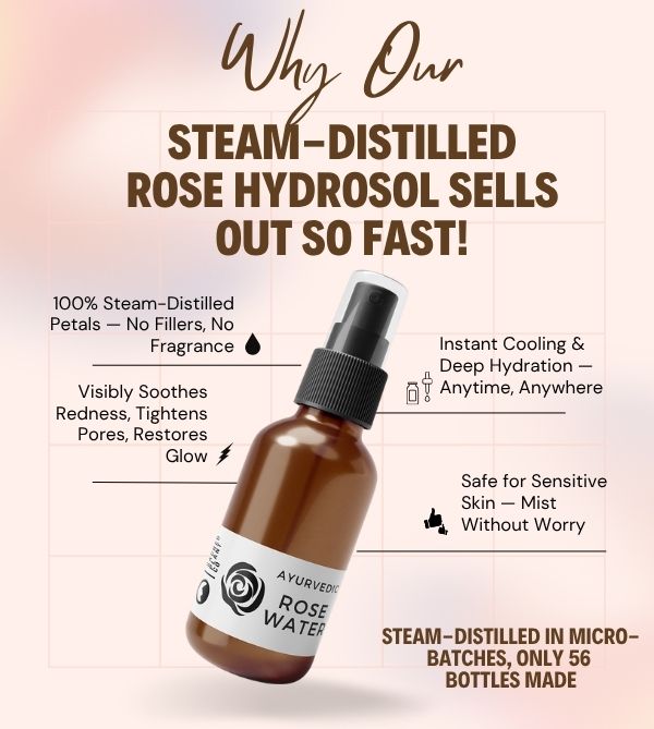 Infographic showing why Sacred Plant Co’s Ayurvedic Rose Hydrosol sells out fast, highlighting benefits like no fillers, visible glow, and sensitive-skin safety.”