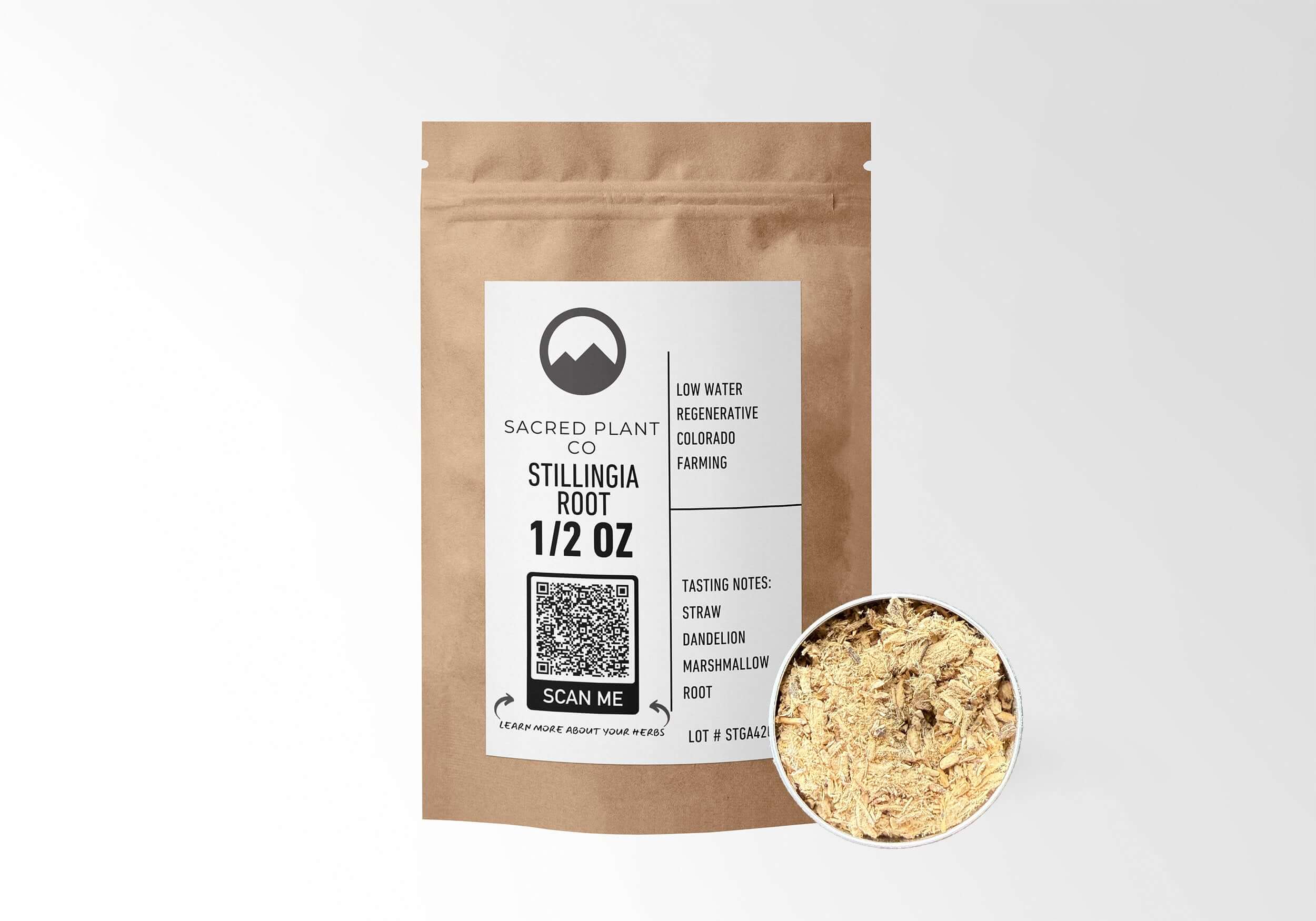 Sacred Plant Co Stillingia Root 1/2 OZ in kraft paper packaging with sample in a silver tin, emphasizing the use of Stillingia Root for natural health remedies.