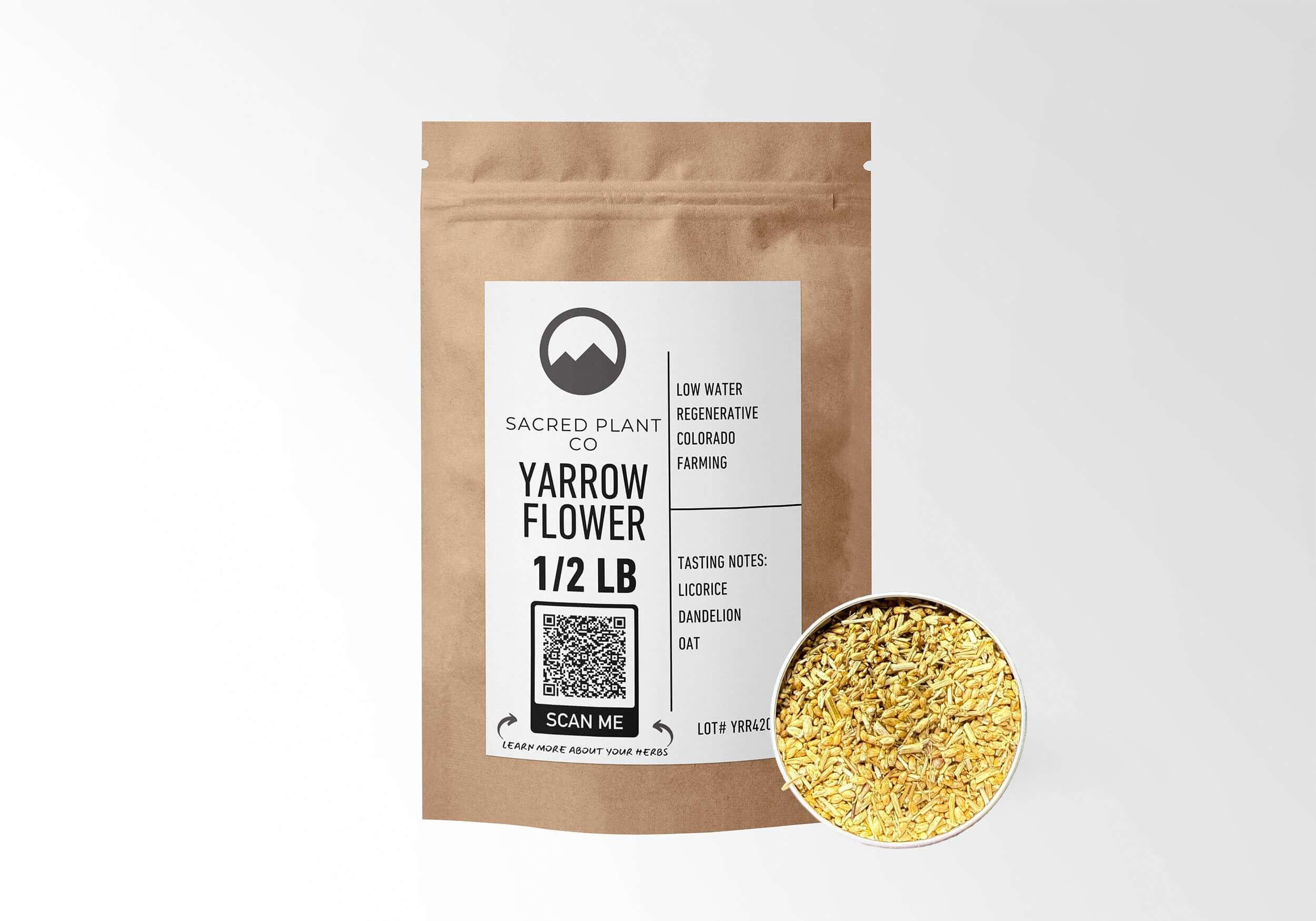 Sacred Plant Co Yarrow Flower 1/2 LB kraft paper packaging with Yarrow Flower sample in silver tin showcasing sustainably grown yarrow for natural wound healing and wellness benefits.