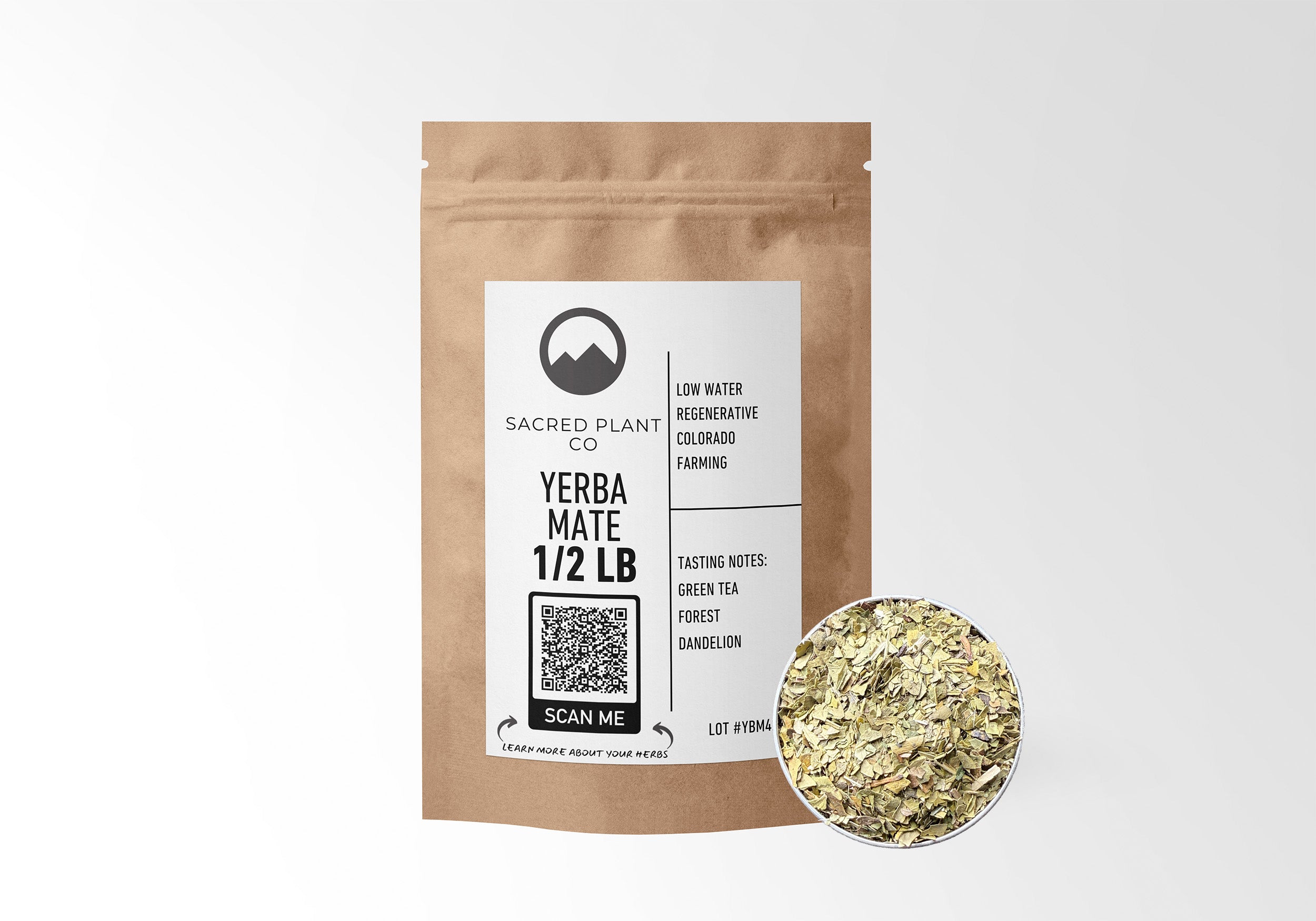 Sacred Plant Co Yerba Mate 1/2 LB in kraft paper packaging with a sample in a silver tin, highlighting the use of Yerba Mate for natural energy, mental clarity, and antioxidant support.
