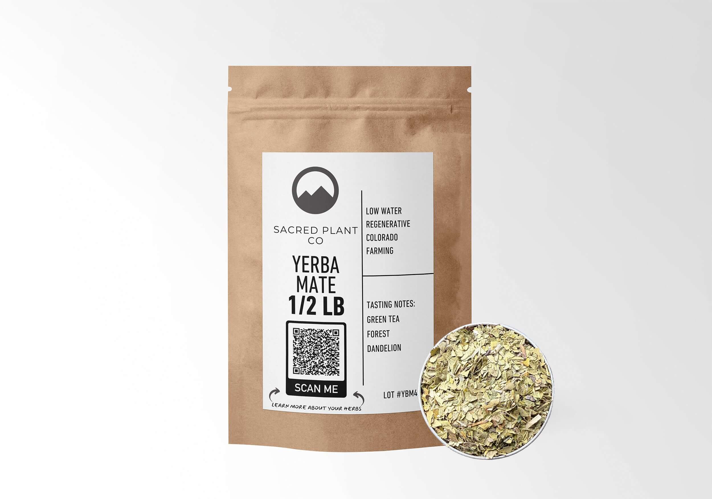 Sacred Plant Co Yerba Mate 1/2 LB in kraft paper packaging with a sample in a silver tin, highlighting the use of Yerba Mate for natural energy, mental clarity, and antioxidant support.