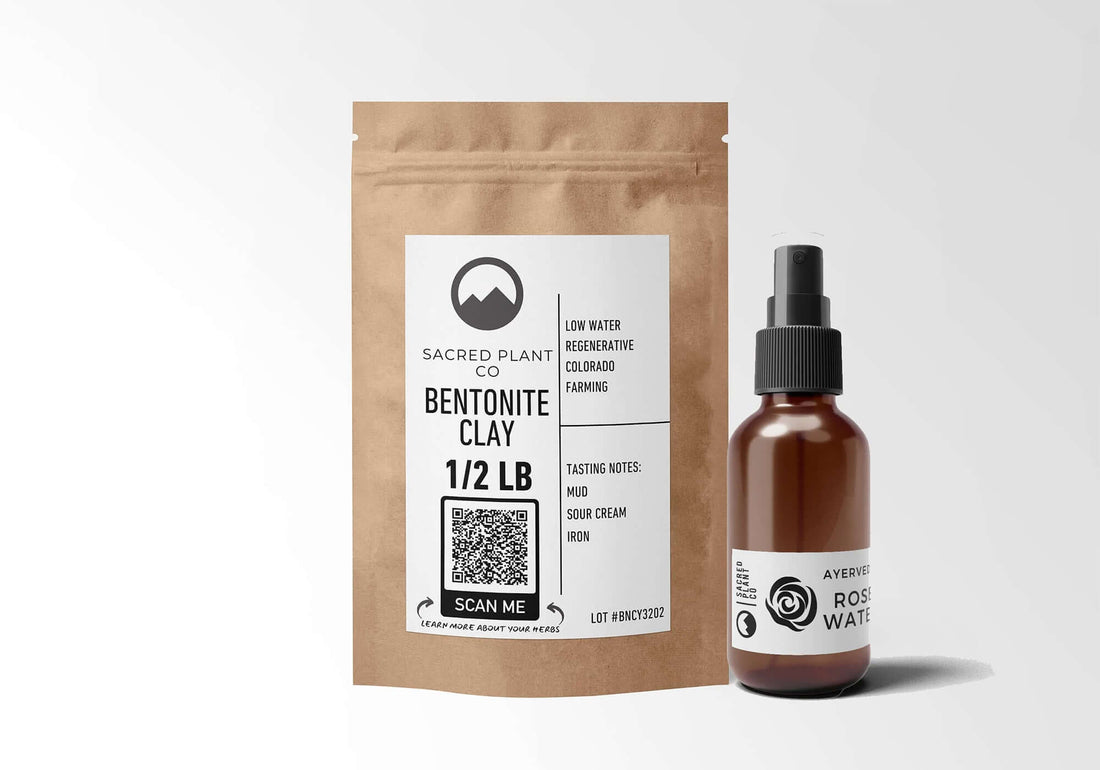Sacred Plant Co’s Rose Hydrosol & Bentonite Clay Kit featuring a kraft pouch of ½ lb Bentonite Clay and a 2 oz amber glass bottle of rose water spray. Natural skincare bundle for soothing and detoxifying face masks.