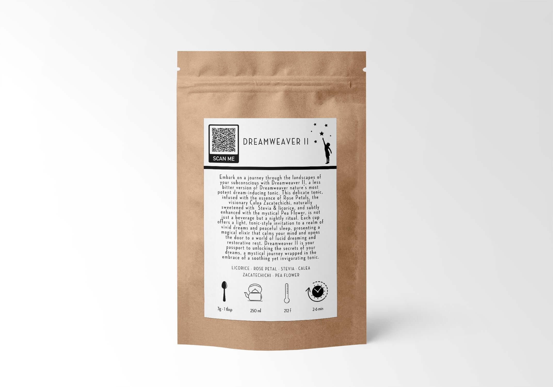 Back view of Dreamweaver II Herbal Dream Tea, 50 grams kraft bag by Sacred Plant Co, detailing lucid dreaming benefits and steeping instructions.