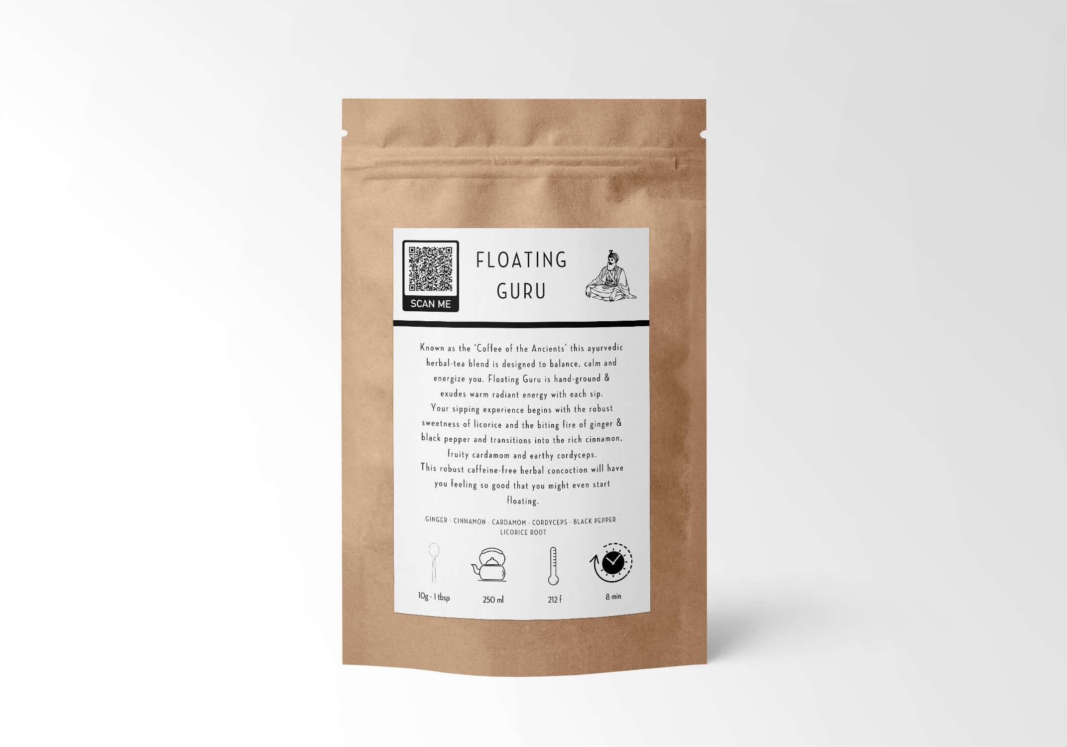 Floating Guru Tea by Sacred Plant Co with health benefits, preparation instructions, and herbal blend description on eco-friendly kraft paper packaging.