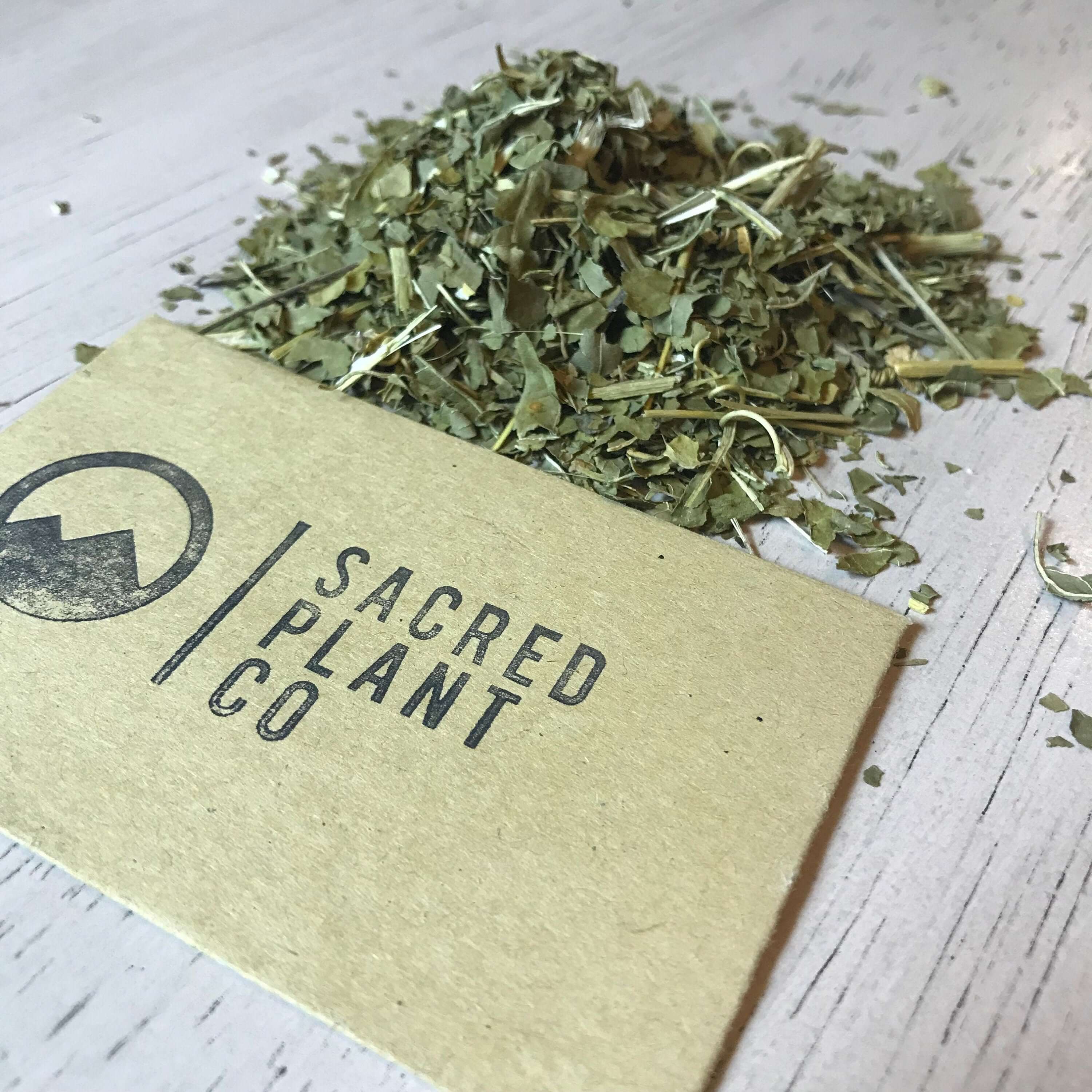 Loose cut Passion Flower in kraft packaging, highlighting delicate leaf texture and natural green hues. Packaged in eco-conscious resealable kraft bags by Sacred Plant Co and ethically sourced through low-water regenerative farming. Traditionally valued for promoting calm, relaxation, and restful sleep.