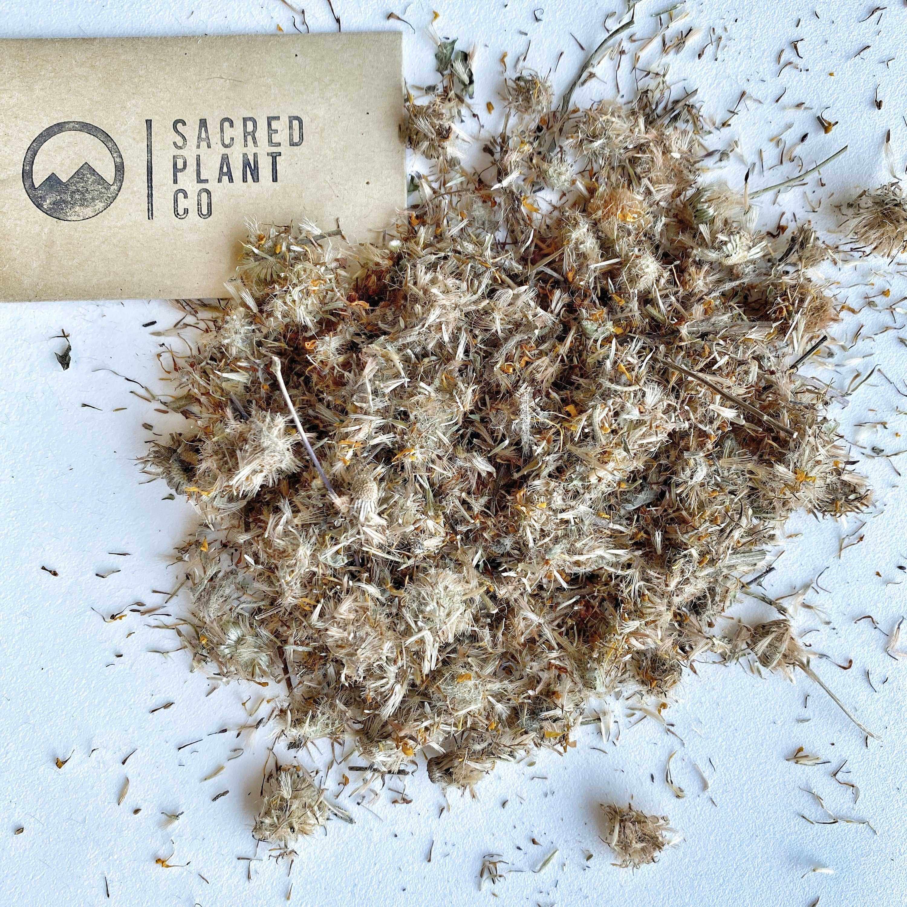 Premium Sacred Plant Co’s Arnica Flowers placed on white, showcasing their light, fluffy texture and golden hues, known for their light texture and use in natural remedies for soothing muscles.