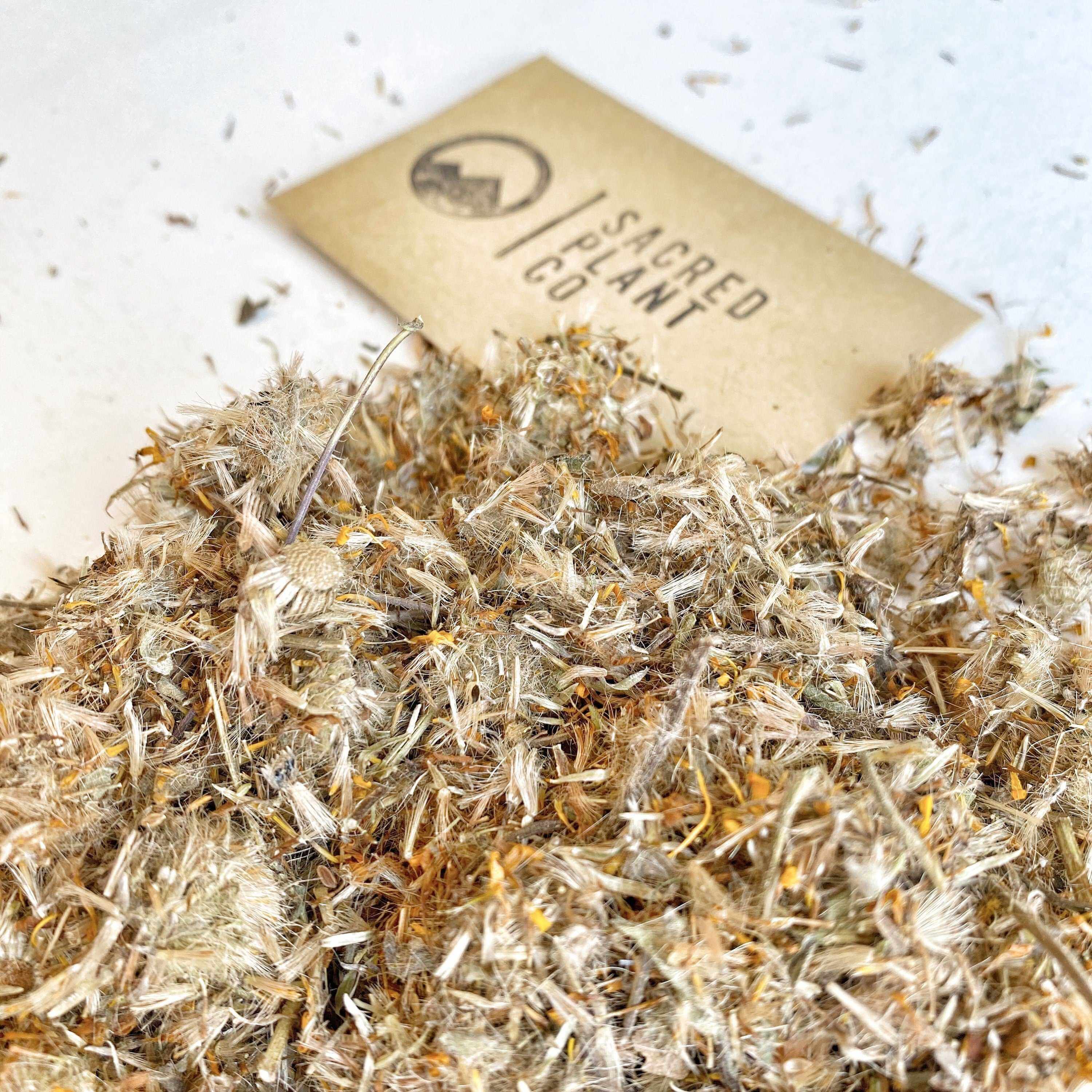 Fluffy, delicate dried Arnica Flowers spread on white with Sacred Plant Co branding, emphasizing their high quality, traditionally used for muscle relief and healing bruises, spread on white.