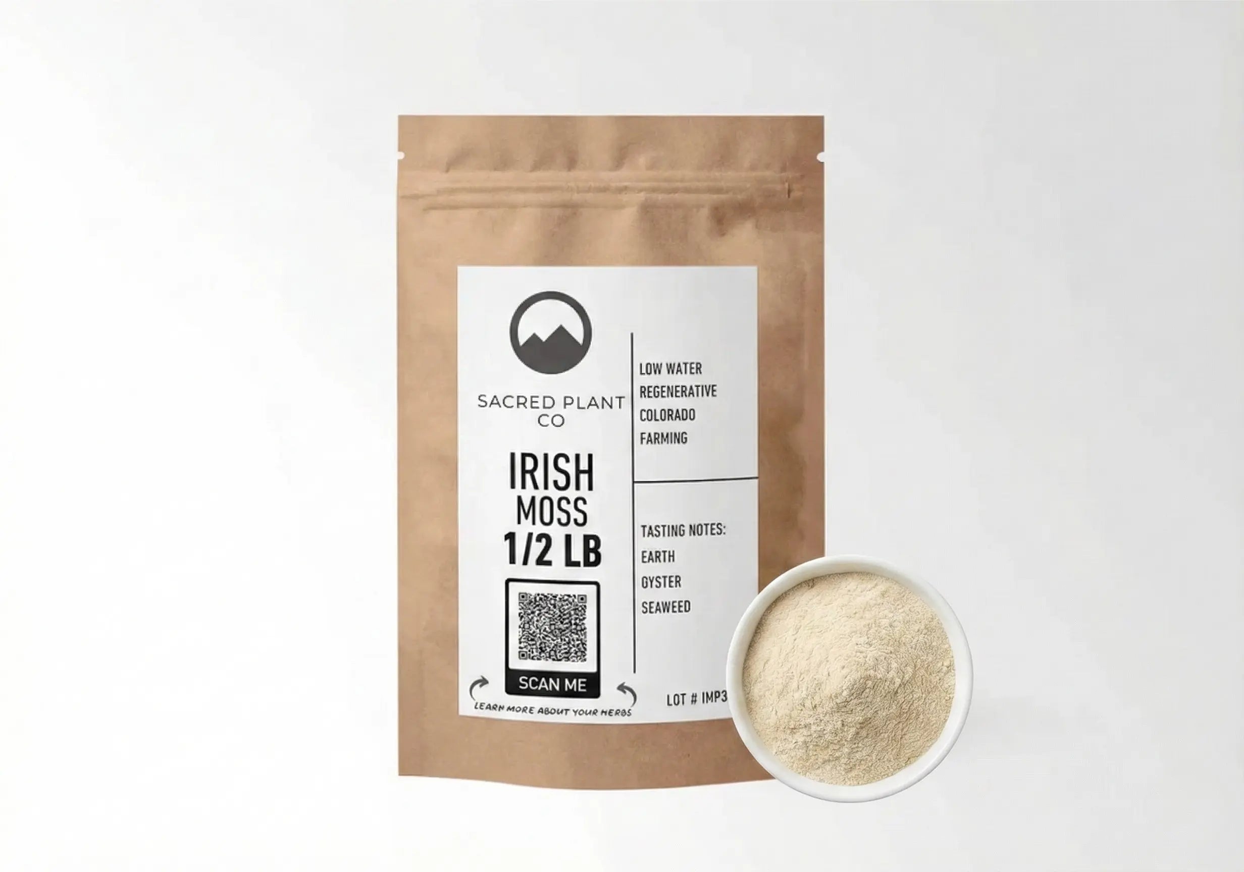 Sacred Plant Co Irish Moss Powder 1/2 lb bag next to a sample bowl showing the fine beige texture of the sustainably harvested Chondrus crispus powder.
