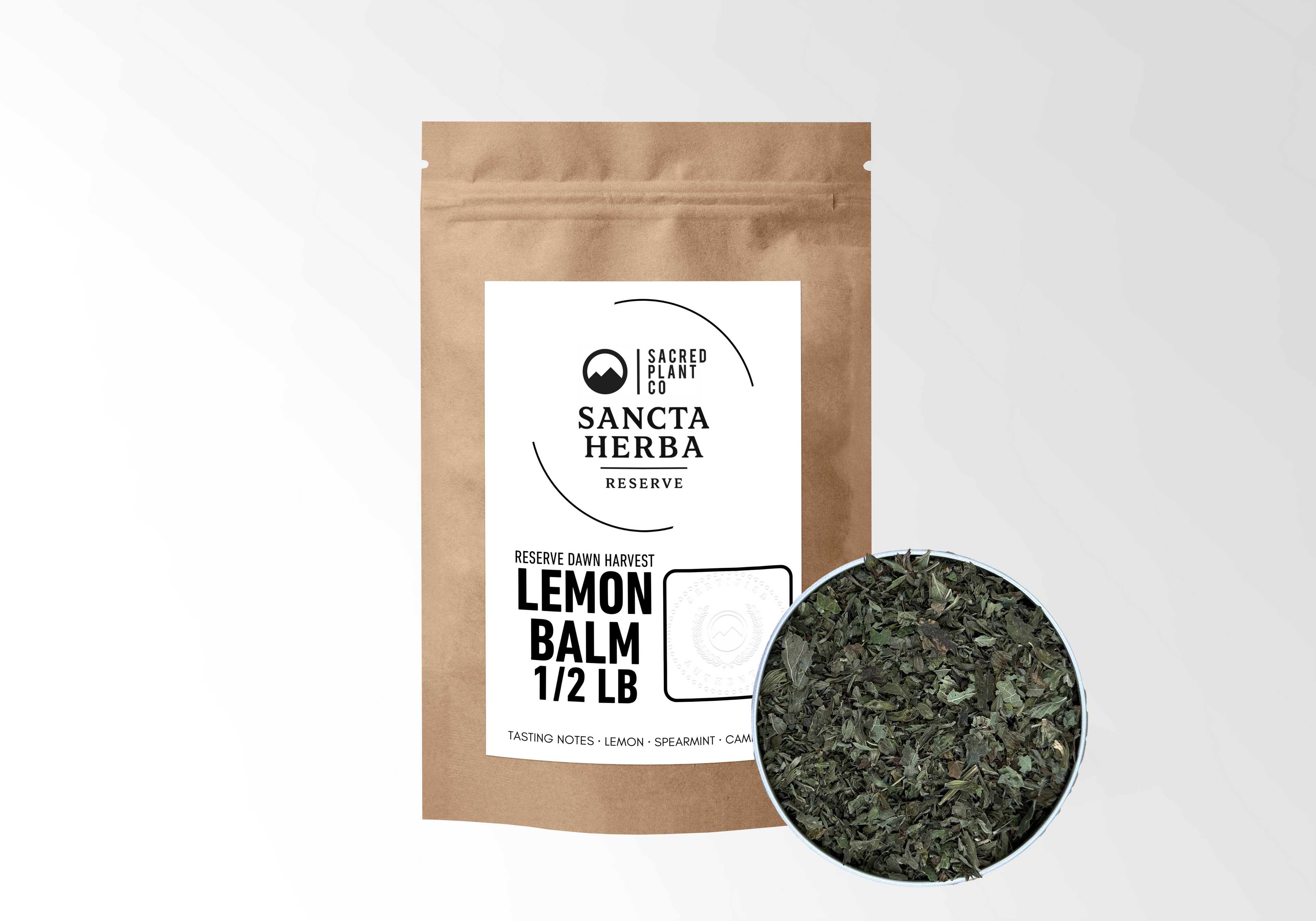 Sancta Herba lemon balm packaging with a close-up of the product on a white background