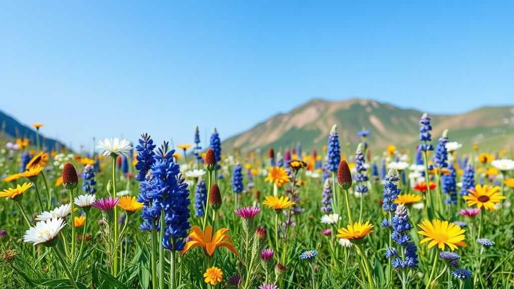 Expansive mountain meadow filled with blooming wildflowers including blue lupines, white daisies, and yellow-orange flowers, set against a backdrop of green hills and distant snow patches."