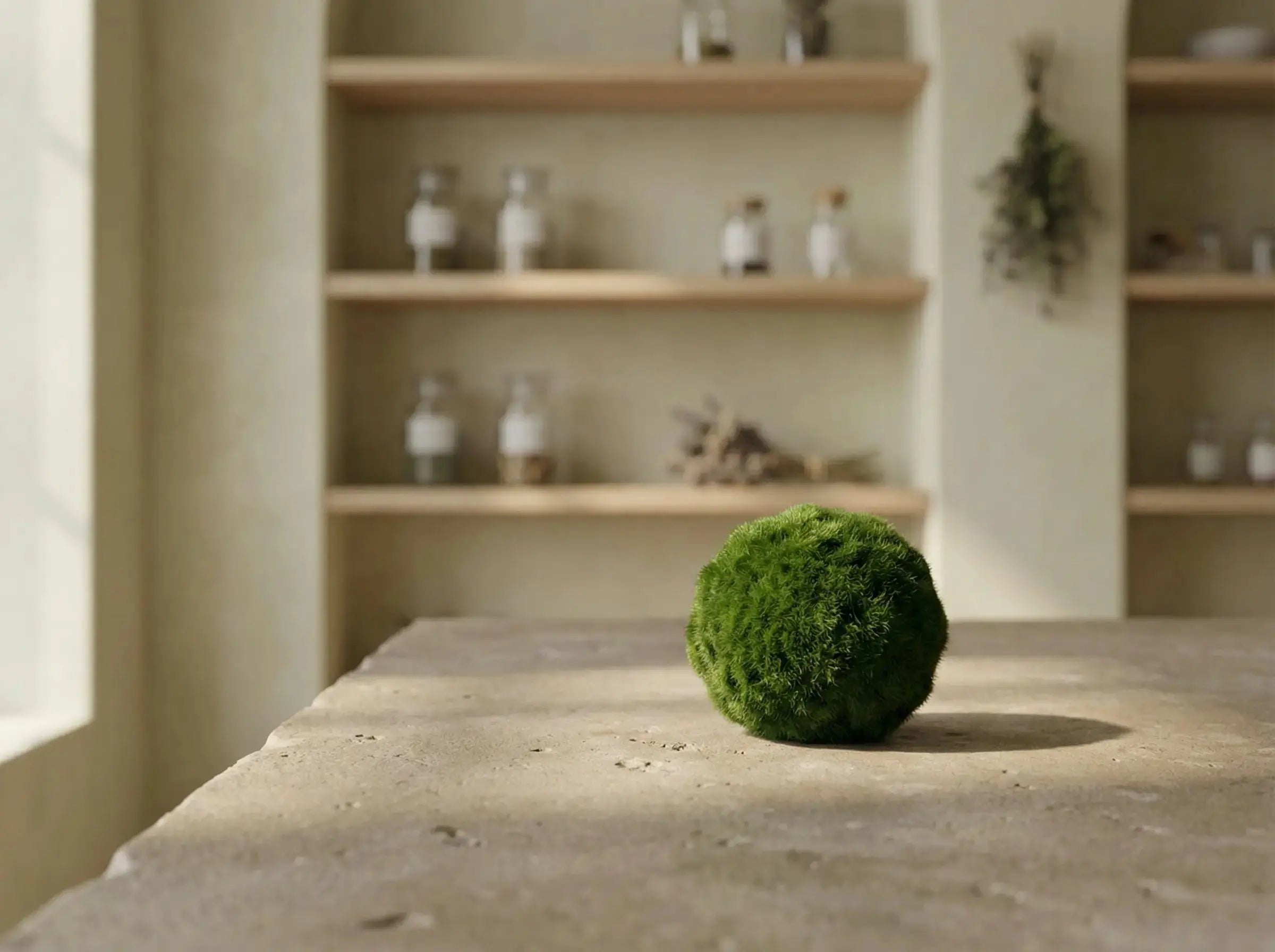 Close up photo of marimo moss ball dry in Apothecary.
