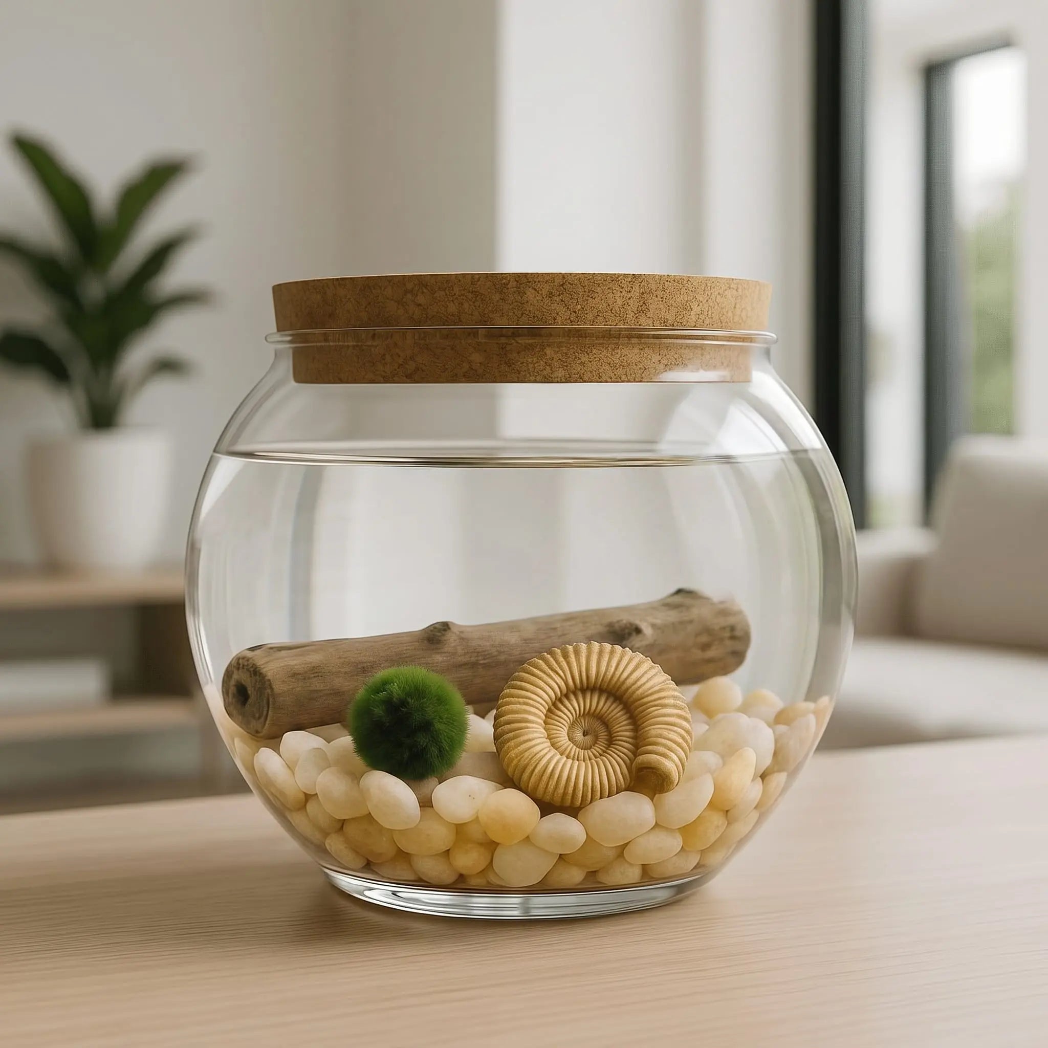 Marimo moss ball aquarium kit with an ancient Paleozoic fossil and driftwood in a lidded glass jar