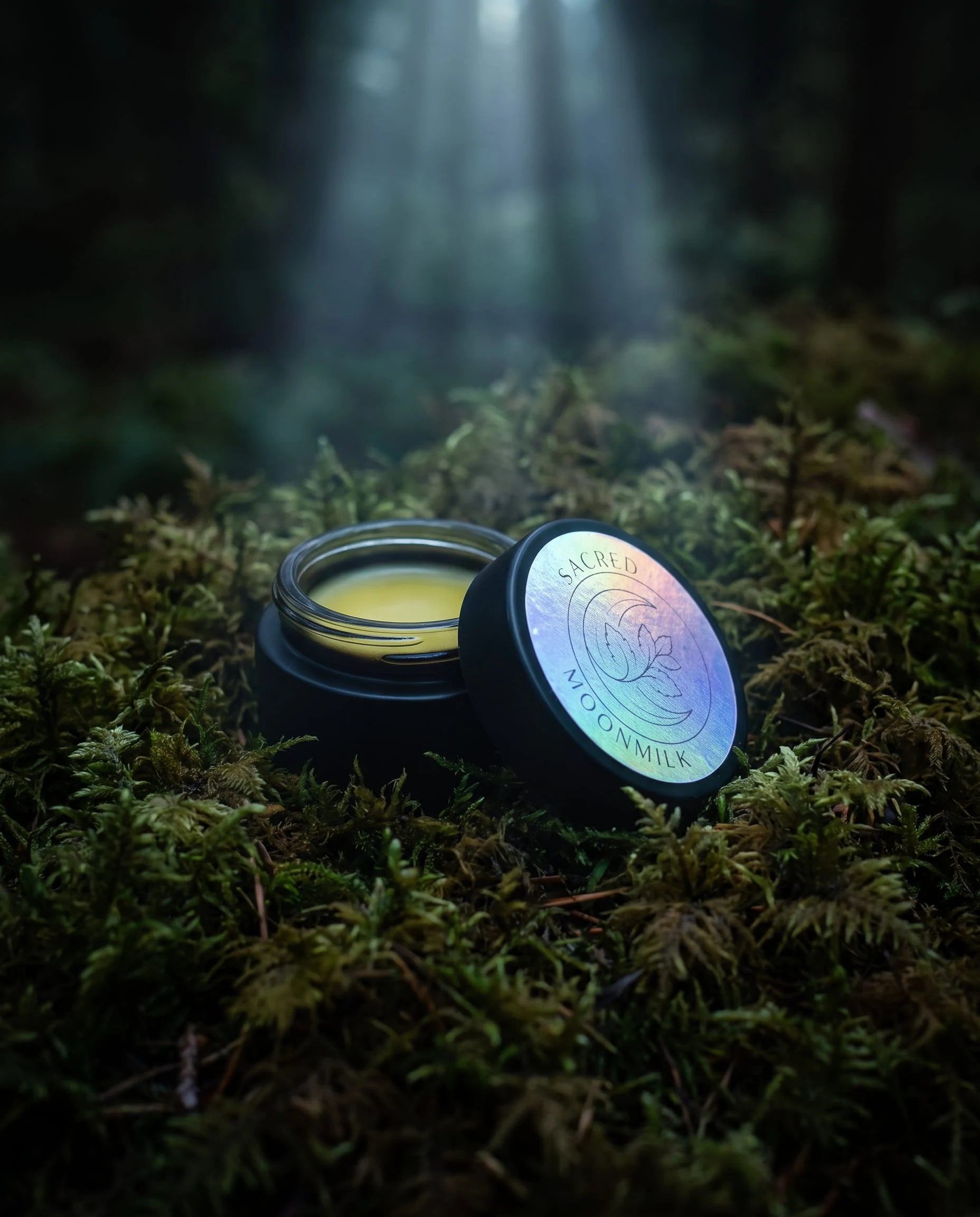 Open jar of Sacred Plant Co Moonmilk Botanical Night Balm with holographic Sacred Moonmilk lid, golden balm visible, on a mossy forest floor in a beam of light