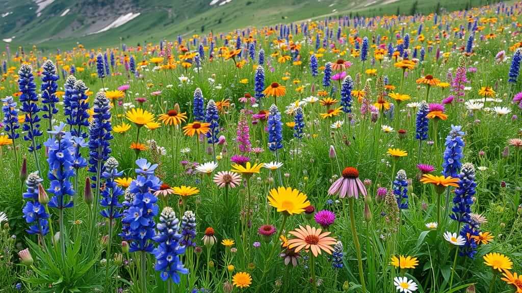 Close-up view of colorful wildflowers including blue, white, orange, and purple blossoms in a vibrant alpine field under a clear blue sky, with soft-focus mountains in the background.