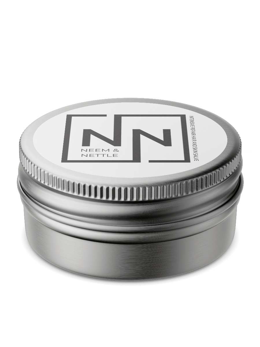 Neem & Nettle Salve tin from Sacred Plant Co, a hair and skin repair salve, highlighting the natural ingredients in a sleek metal container with a modern, minimalist label design.