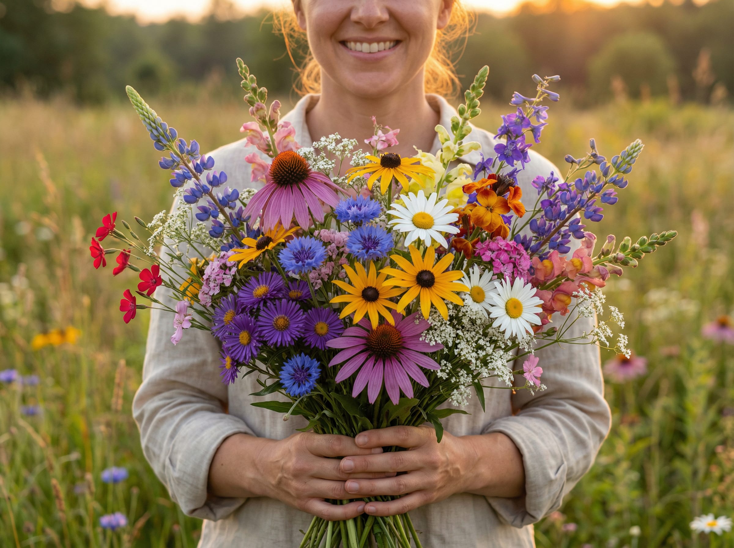 Woman holding a large bouquet of Northeast wildflowers, including purple coneflower, black-eyed Susan, cornflower, New England aster, scarlet flax, perennial lupine, wallflower, and other species from Sacred Plant Co’s Northeast Wildflower Mix.