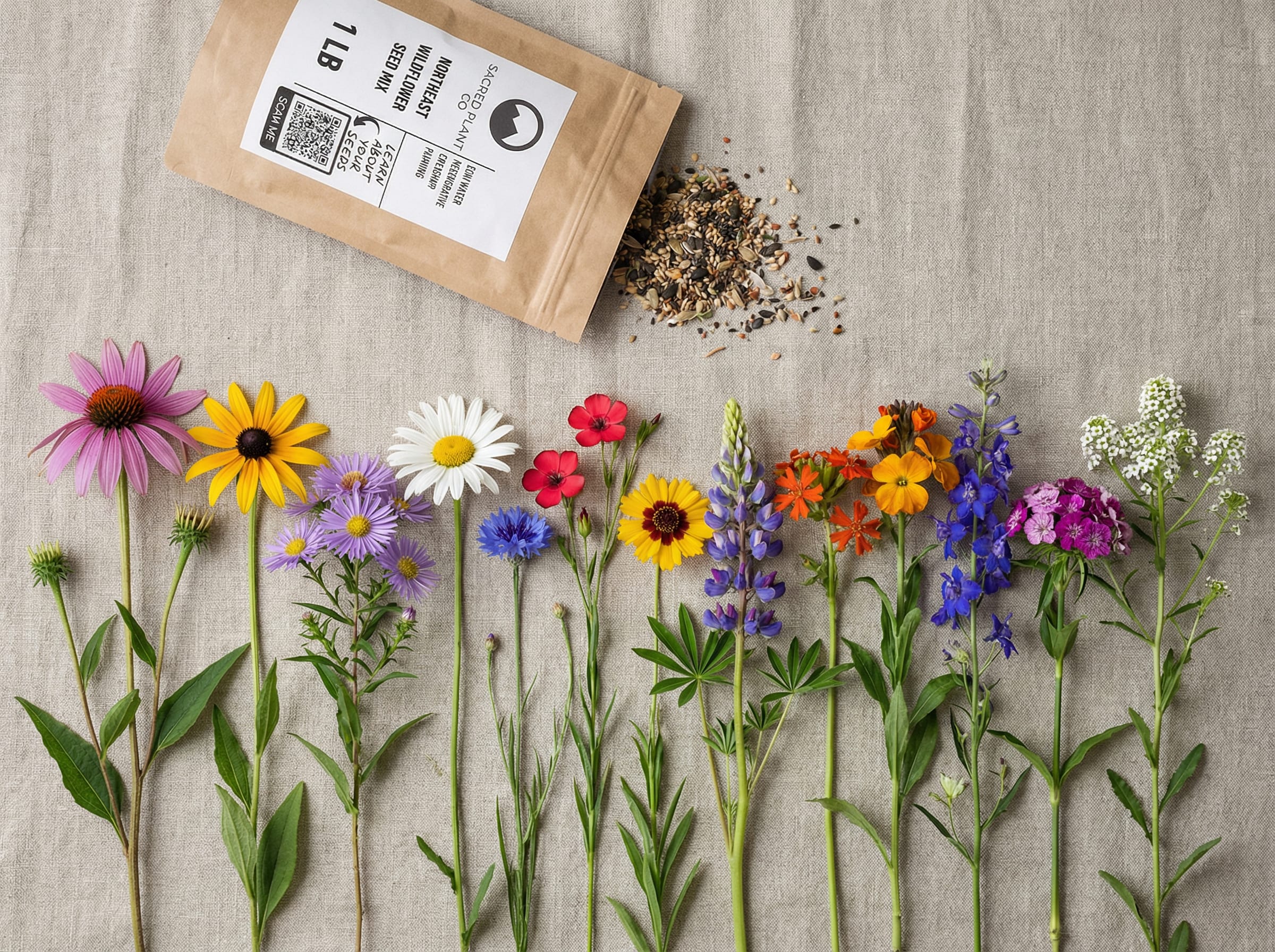 Lay-flat image of Sacred Plant Co’s Northeast Wildflower Seed Mix with seeds spilled onto linen and cut Northeast wildflowers arranged in a row, including purple coneflower, black-eyed Susan, New England aster, perennial lupine, scarlet flax, cornflower, Shasta daisy, and other mix species.