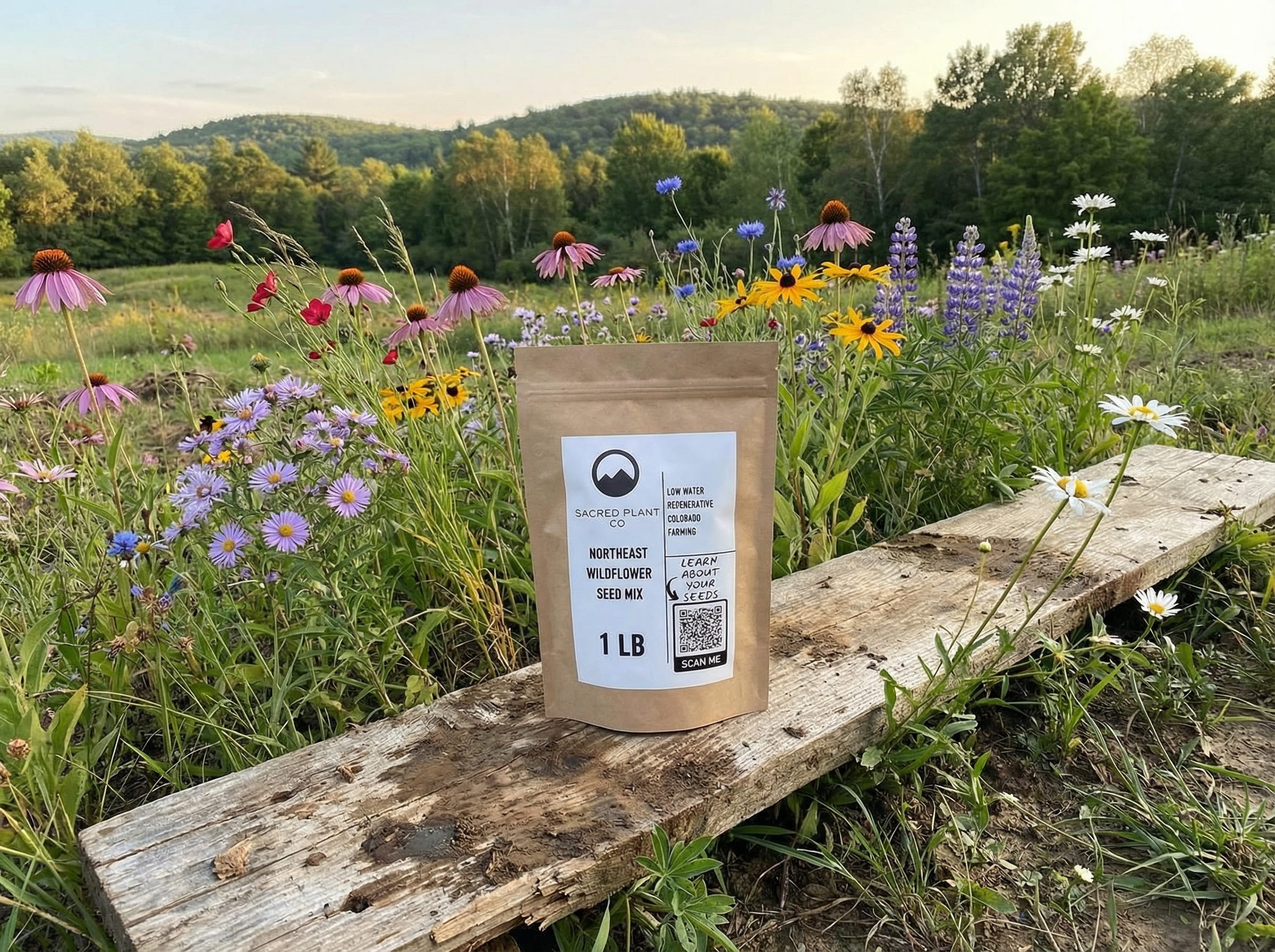 Sacred Plant Co’s Northeast Wildflower Seed Mix bag displayed in a blooming Northeastern wildflower meadow with purple coneflower, black-eyed Susan, Shasta daisy, cornflower, New England aster, perennial lupine, and other mix species.