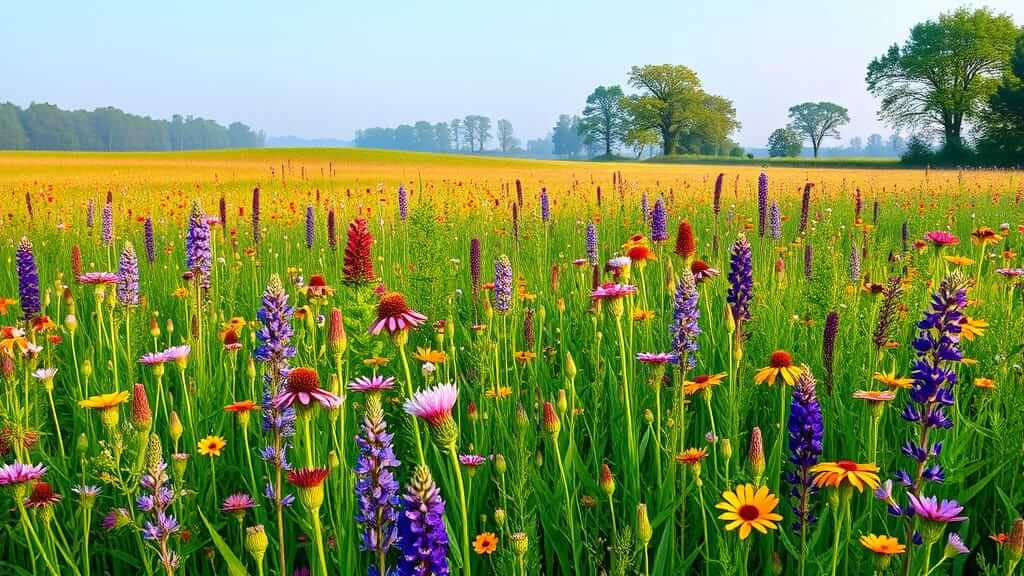 Dense northeast wildflower meadow in full summer bloom with vibrant purple lupines, coneflowers, and yellow daisies under a soft morning haze.