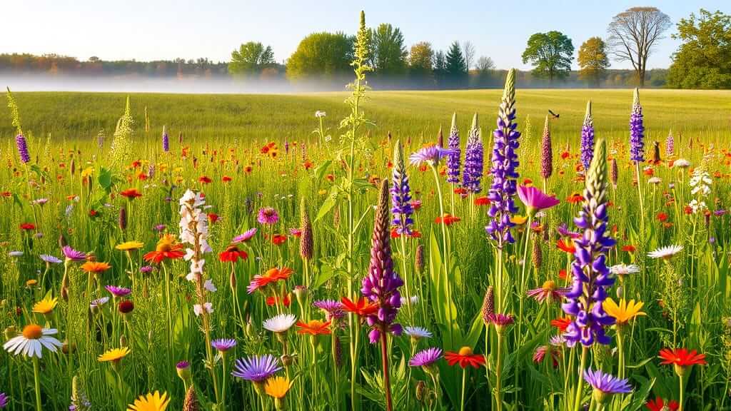 Colorful northeast wildflower field at sunrise with mist over grasslands, blooming with coneflowers, daisies, and lupines in natural abundance.