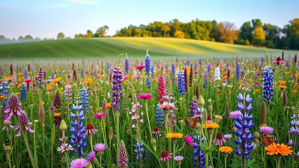 Butterfly-filled wildflower field blooming with blue, purple, and pink flowers in the northeastern U.S., perfect for pollinators and natural landscaping.