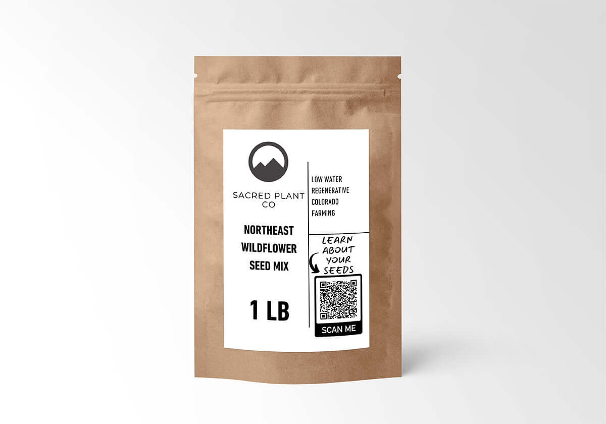 1 lb kraft pouch of Northeast Wildflower Seed Mix from Sacred Plant Co featuring QR code and low-water regenerative farming label.