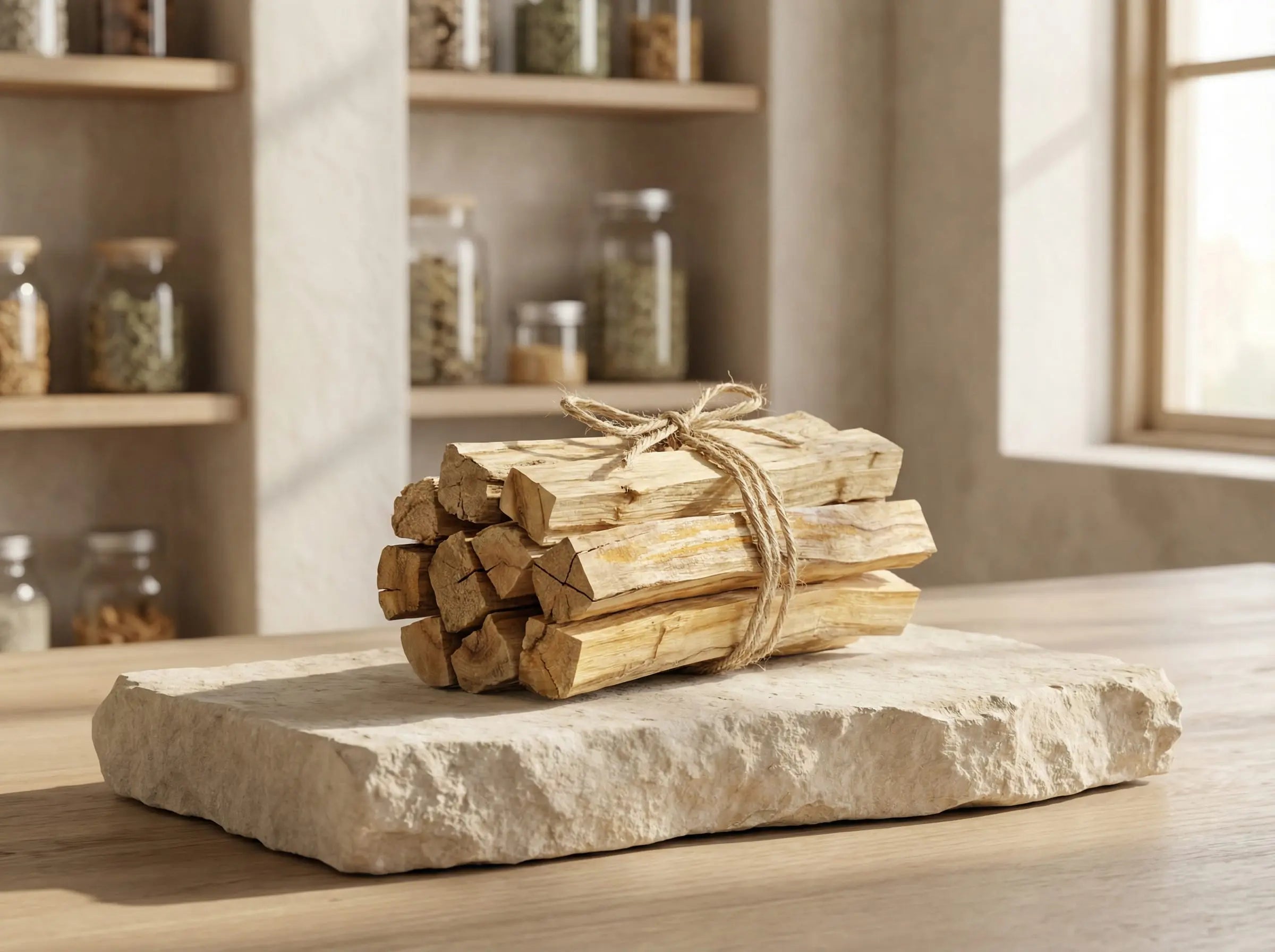 Large bundle of sustainably wild-harvested Palo Santo sticks tied with natural twine, resting on a stone slab. The aged wood grain indicates high resin content from naturally fallen Bursera Graveolens trees.