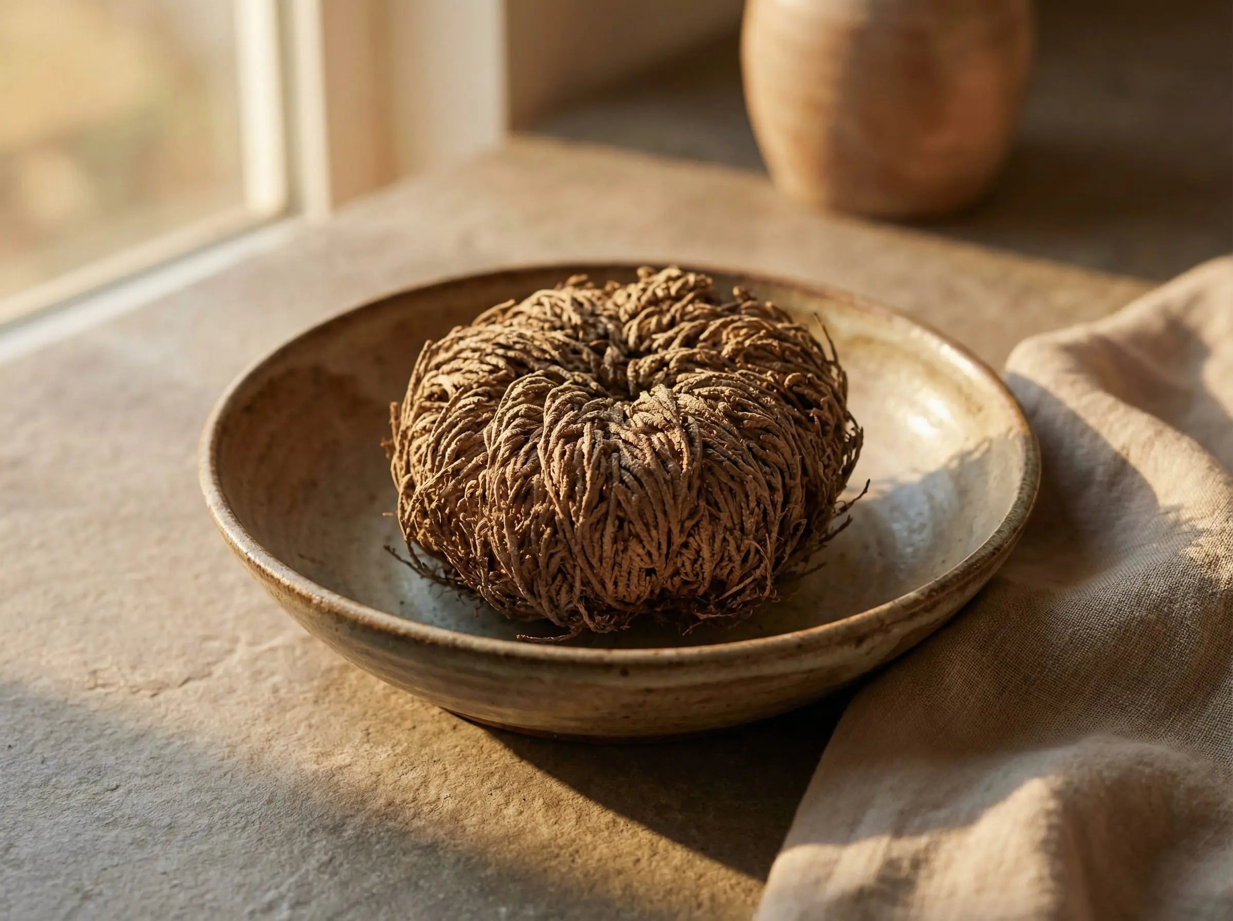 Resurrection Plant beginning to open in a ceramic bowl, illuminated by warm natural light.