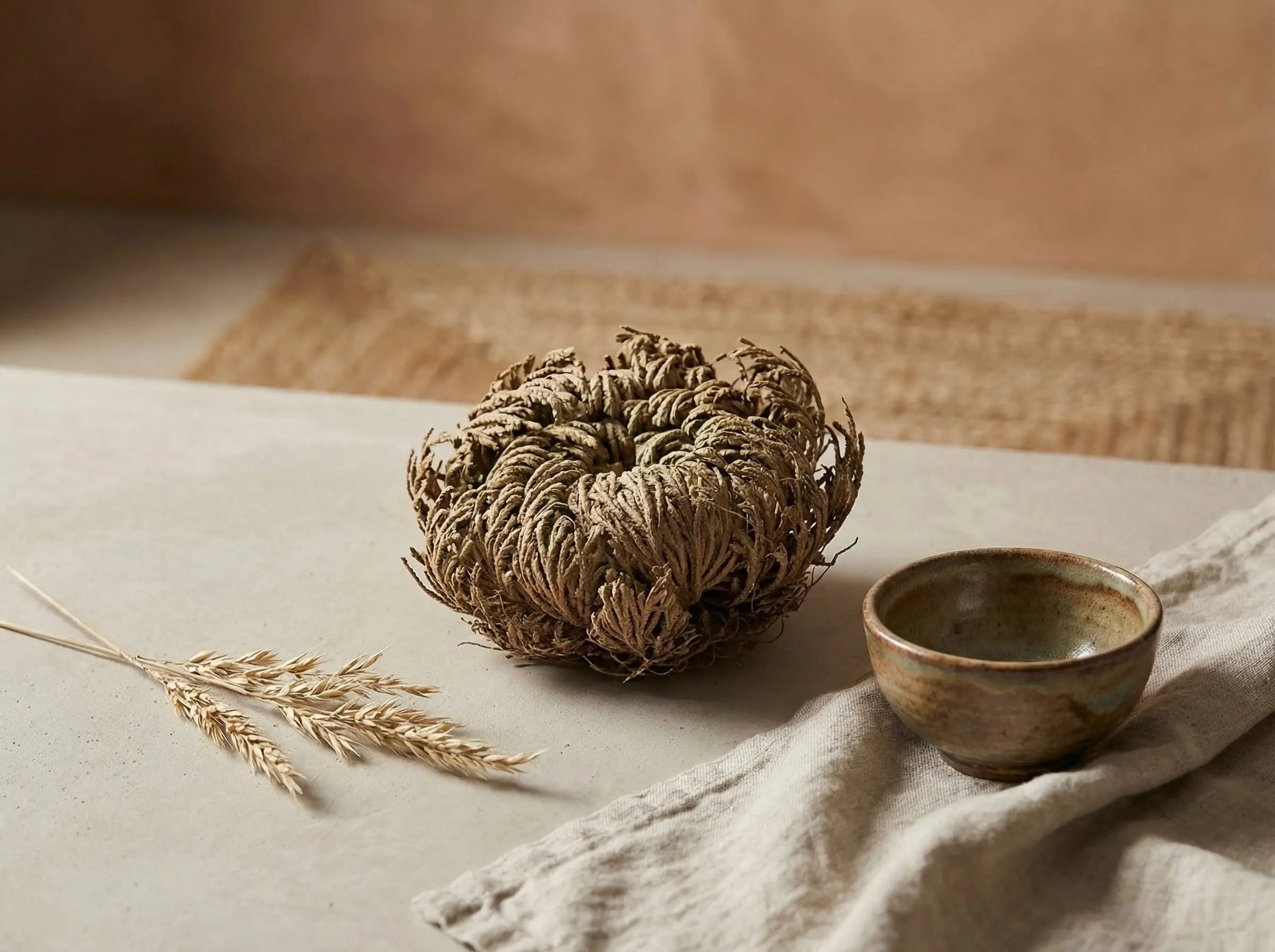 Minimalist flat lay of a dried Resurrection Plant with ceramic cup and soft linen textile.