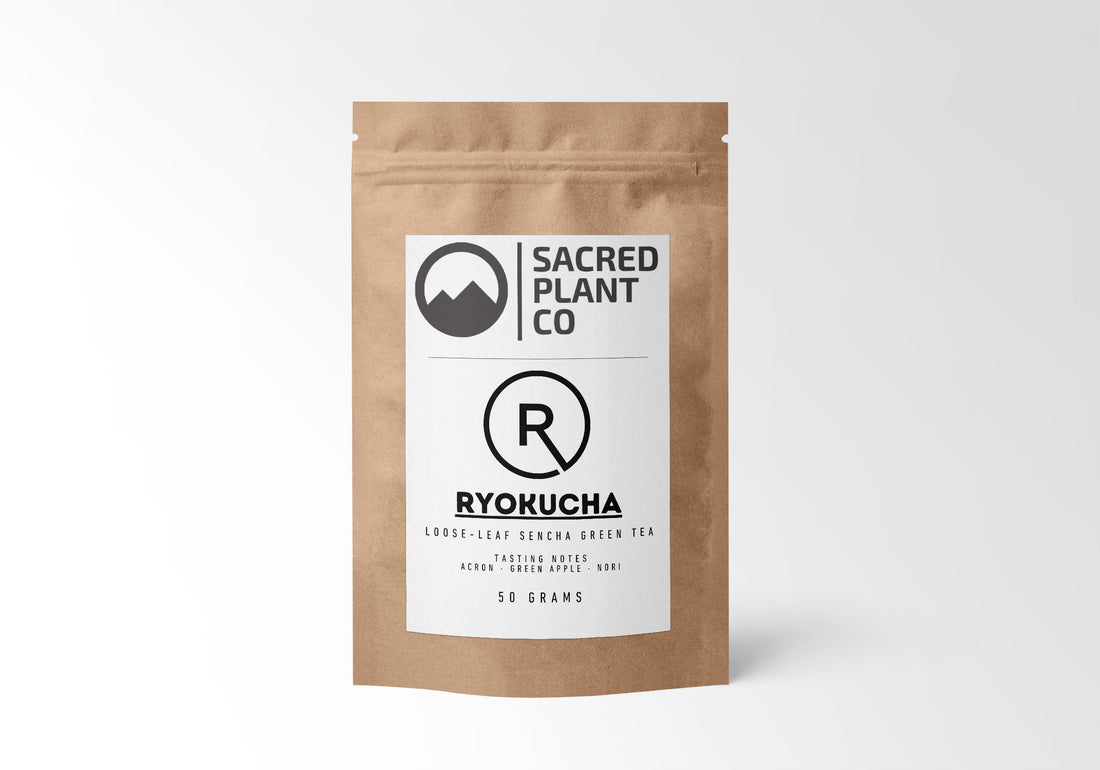 A 50-gram packet of Sacred Plant Co Ryokucha, showcasing high-quality loose leaf Sencha green tea with tasting notes of acorn, green apple, and nori.