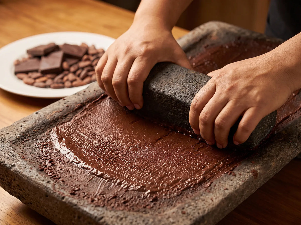 Hands grinding toasted cacao into a glossy paste on a stone metate, the traditional Mesoamerican way to make drinking cacao