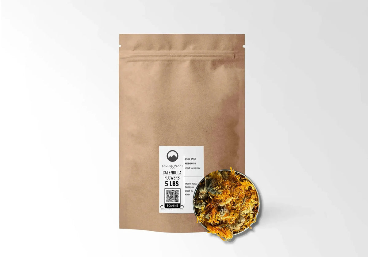 Sacred Plant Co Calendula Flowers 5 LBS kraft stand-up pouch shown with a sample of the flowers.