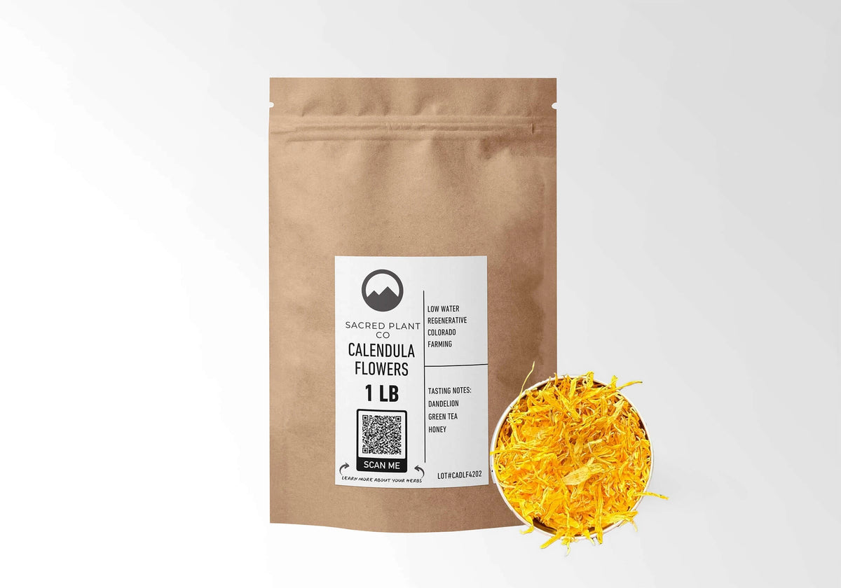 Sacred Plant Co Calendula Flower Petals 1 LB kraft stand-up pouch shown with a sample of the herb.