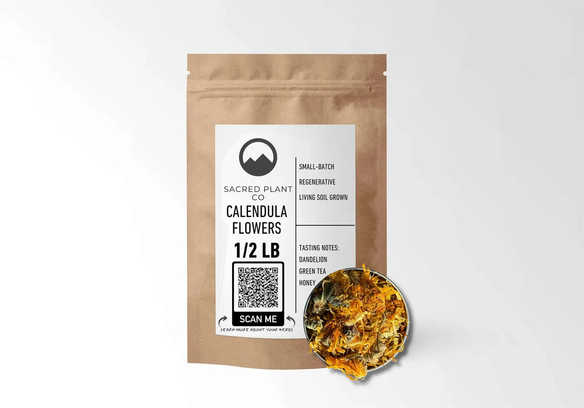 Sacred Plant Co Calendula Flowers 1/2 LB kraft stand-up pouch shown with a sample of the flowers.