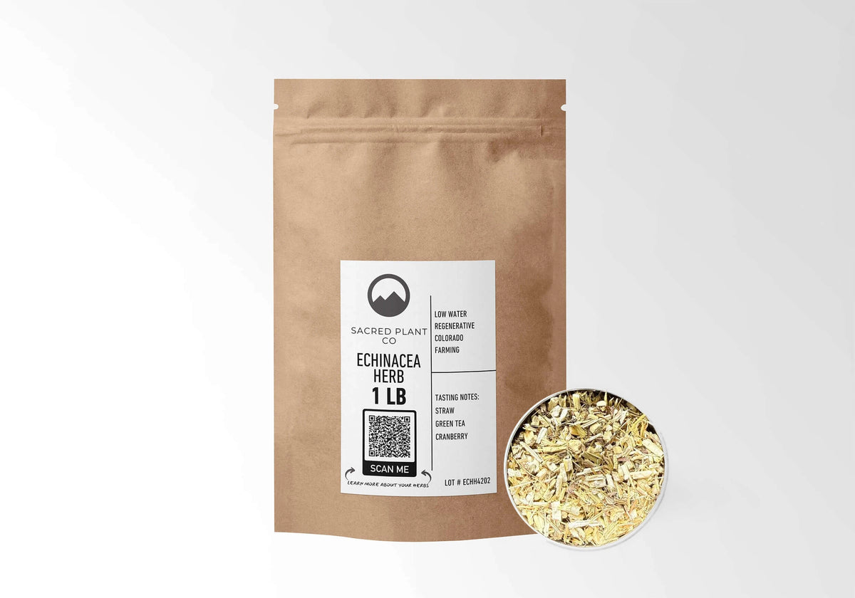 Sacred Plant Co Echinacea Purpurea Herb 1 LB kraft stand-up pouch shown with a sample of the herb.