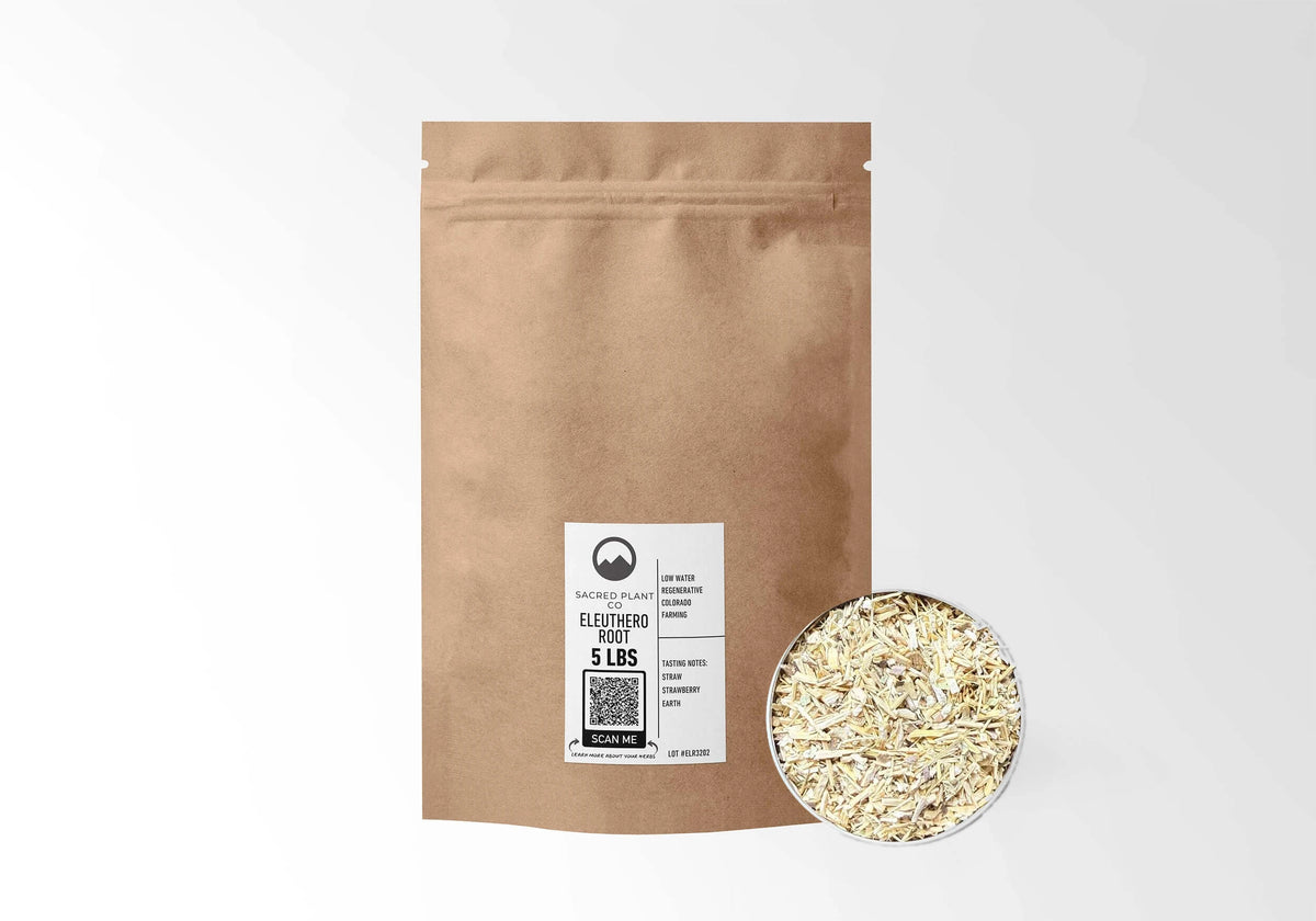 Sacred Plant Co Eleuthero Root 5 LBS kraft stand-up pouch shown with a sample of the herb.