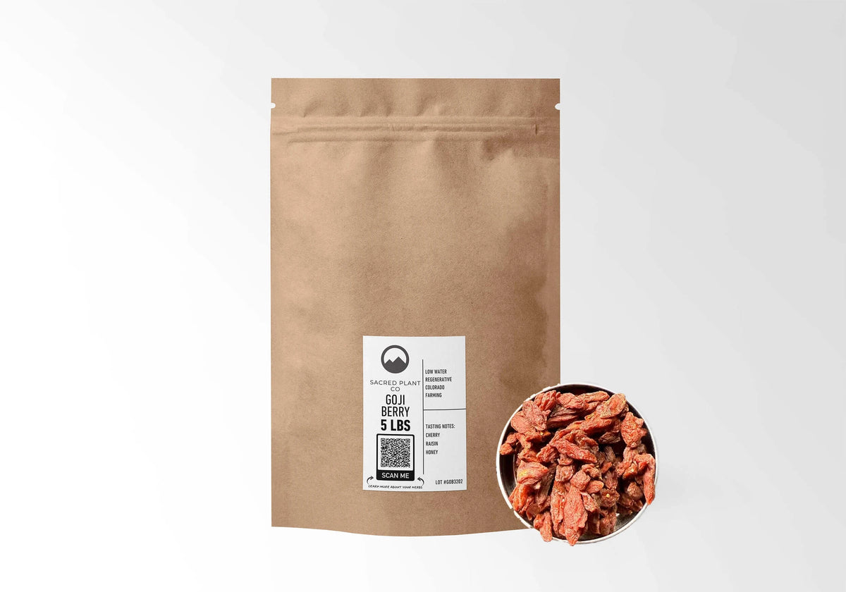 Sacred Plant Co Goji Berries 5 LBS kraft stand-up pouch shown with a sample of the berries.