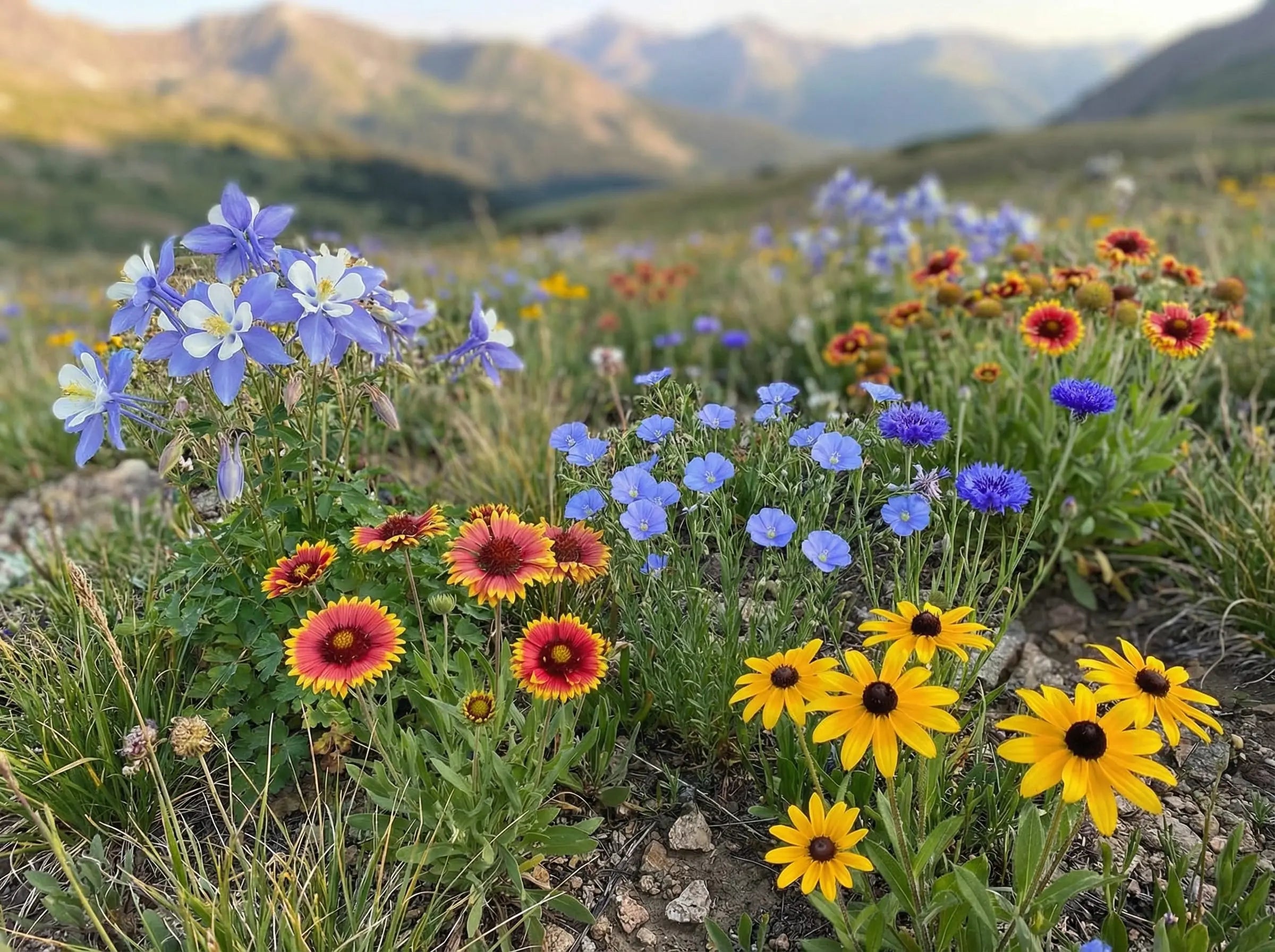 High-elevation alpine meadow with blooming columbine, blanketflower, blue flax, cornflower, and black-eyed susan against a Rocky Mountain backdrop.