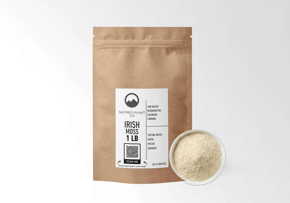 Sacred Plant Co Irish Sea Moss Powder 1 LB kraft stand-up pouch shown with a sample of the powder.