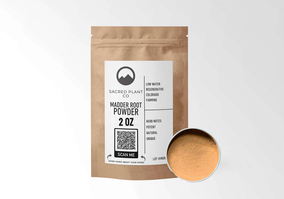Sacred Plant Co Madder Root Powder 2 oz in a kraft stand-up pouch with a sample in a silver tin.