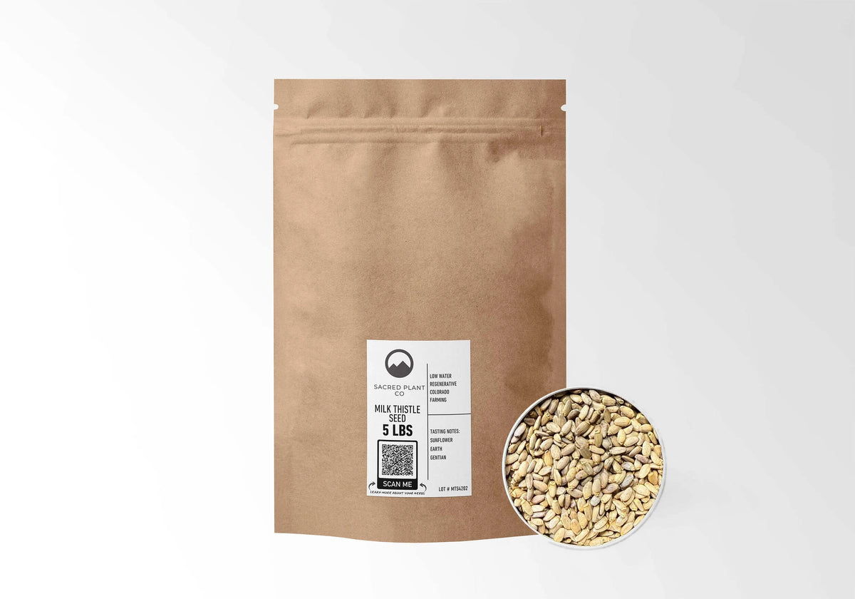 Sacred Plant Co Milk Thistle Seed 5 LBS kraft stand-up pouch shown with a sample of the seeds.