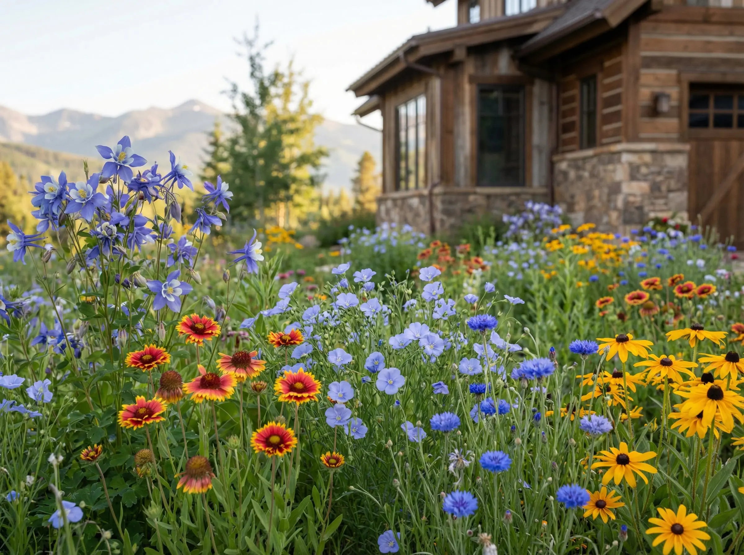 High-elevation mountain wildflower garden with blooming columbine, blanketflower, blue flax, cornflower, and black-eyed susan beside a rustic cabin with mountains in the background.