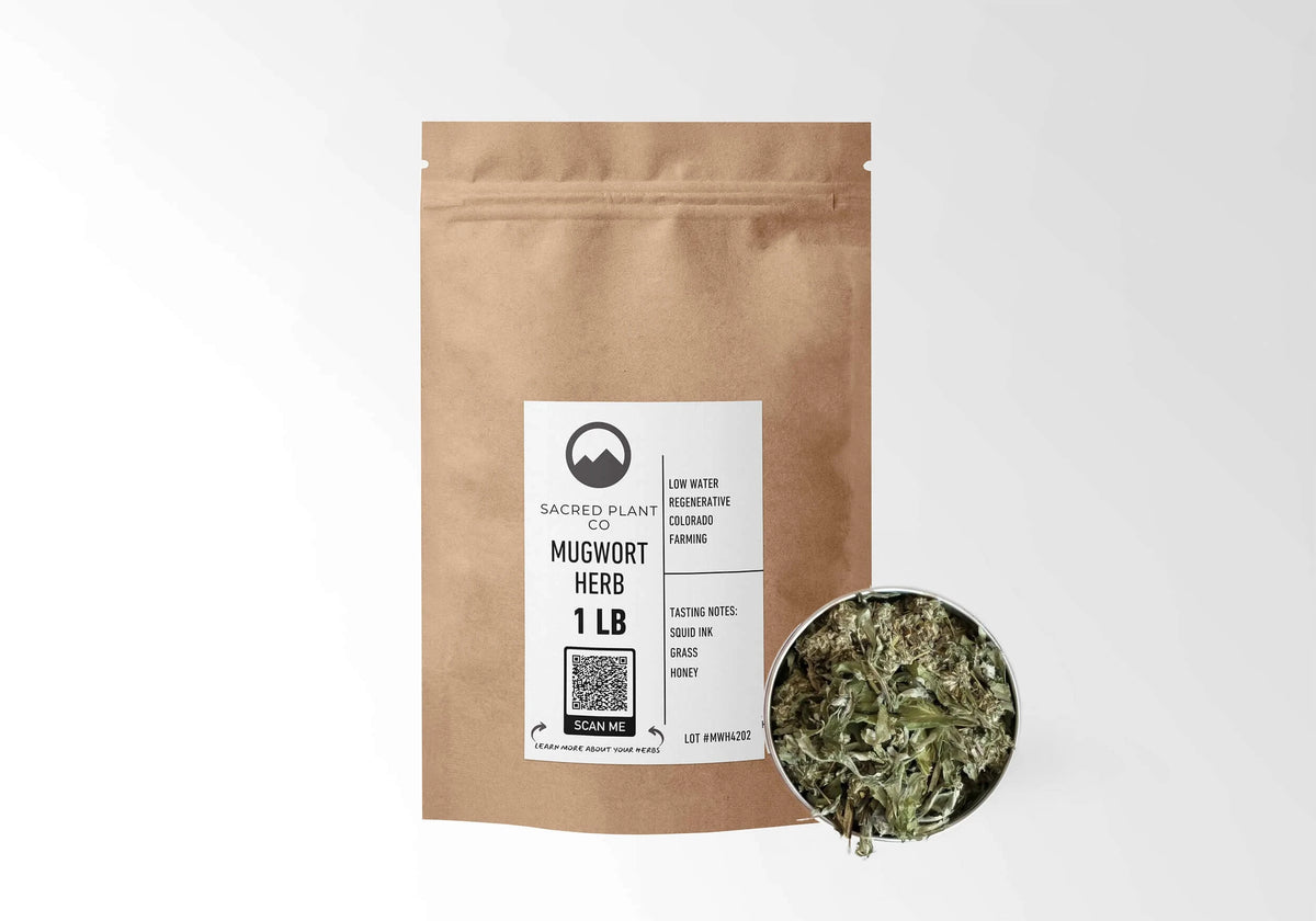 Sacred Plant Co Mugwort 1 LB kraft stand-up pouch shown with a sample of the herb.