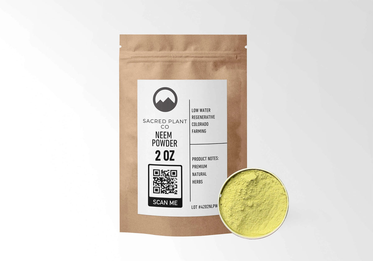 Sacred Plant Co Neem Leaf Powder 2 oz in a kraft stand-up pouch with a sample in a silver tin.