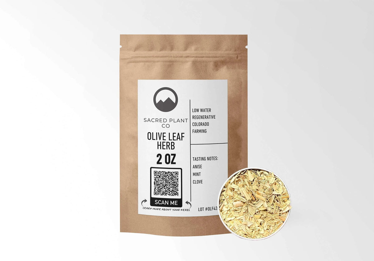 Sacred Plant Co Olive Leaf 2 oz in a kraft stand-up pouch with a sample in a silver tin.