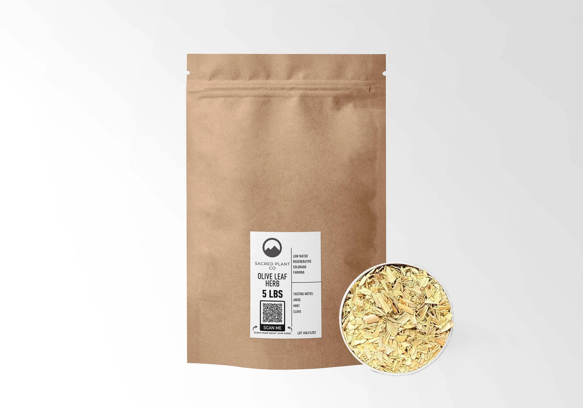 Sacred Plant Co Olive Leaf 5 LBS kraft stand-up pouch shown with a sample of the herb.