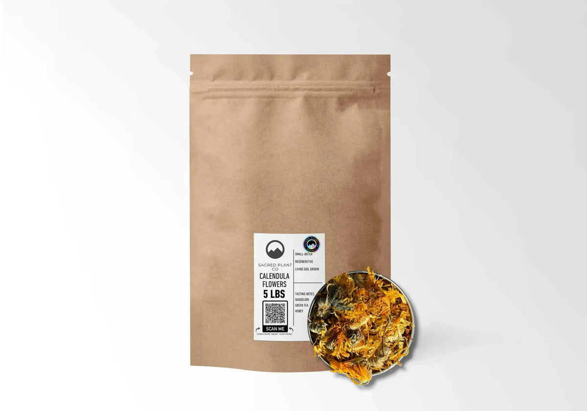 Sacred Plant Co Organic Calendula Flowers 5 LBS kraft stand-up pouch shown with a sample of the flowers.