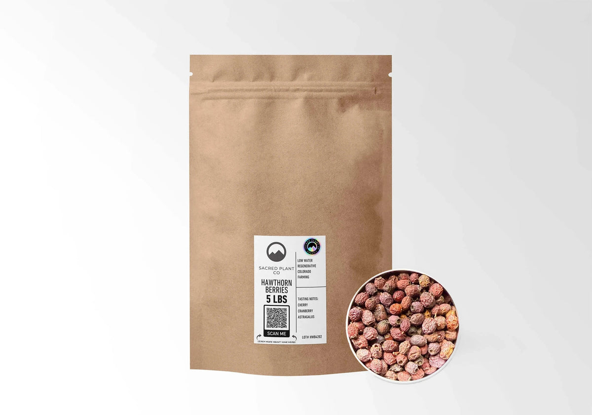 Sacred Plant Co Organic Hawthorn Berries 5 LBS kraft stand-up pouch shown with a sample of the berries.