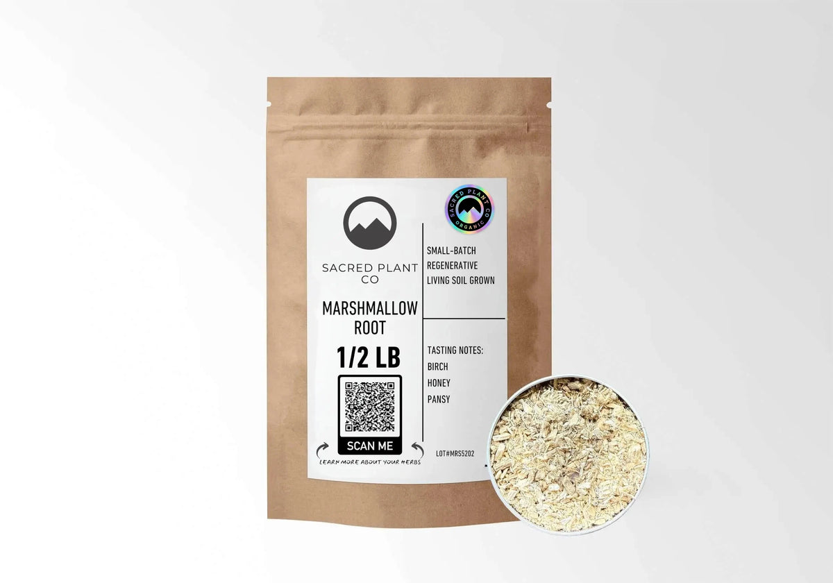 Sacred Plant Co Organic Marshmallow Root 1/2 LB in a kraft stand-up pouch with the holographic organic seal on the label.